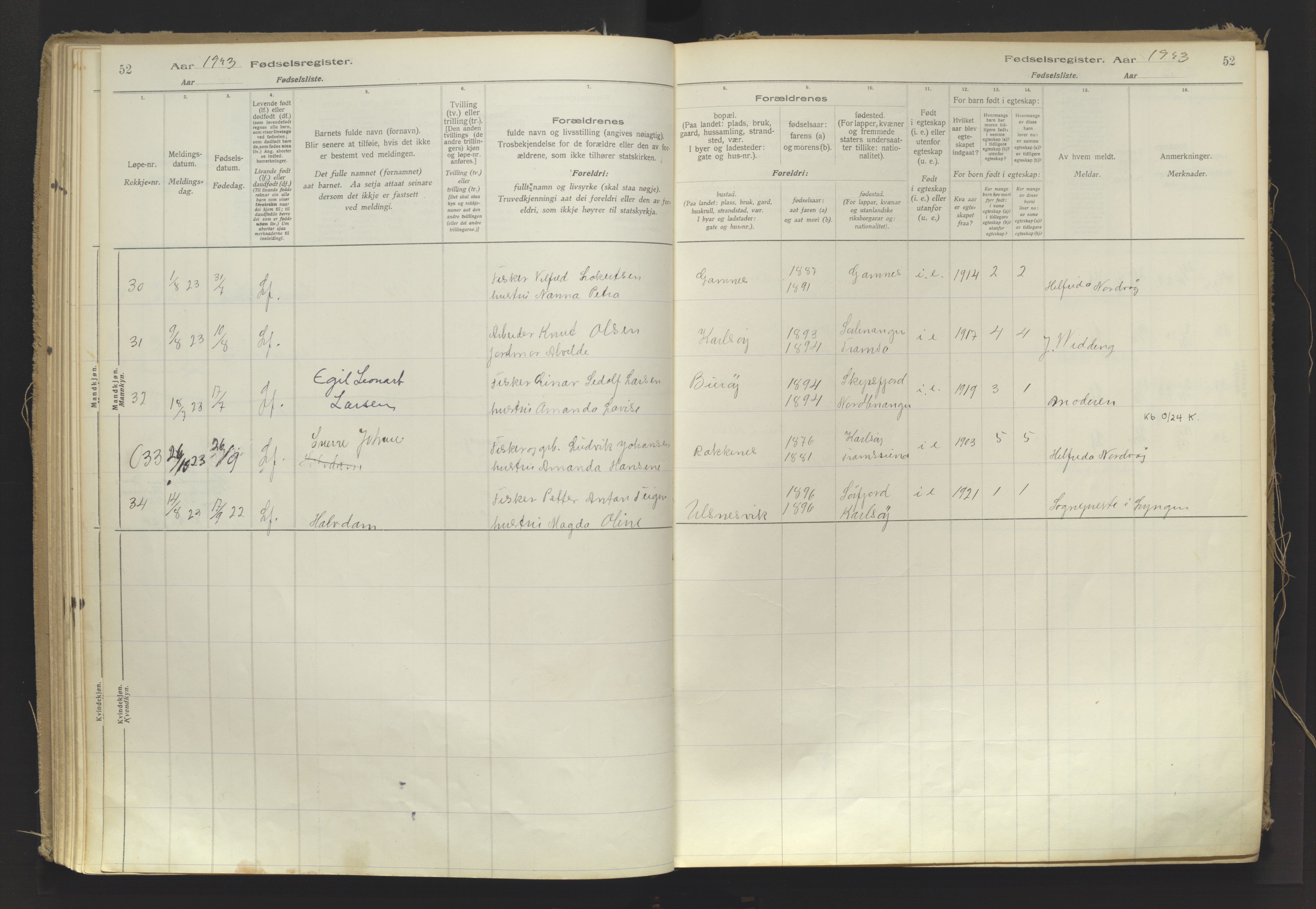 Karlsøy sokneprestembete, AV/SATØ-S-1299/I/Ic/L0064: Birth register no. 64, 1916-1943, p. 52