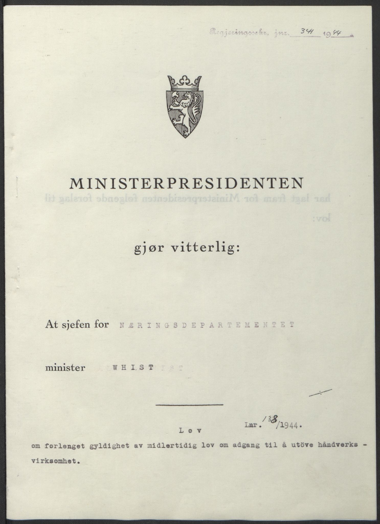 NS-administrasjonen 1940-1945 (Statsrådsekretariatet, de kommisariske statsråder mm), RA/S-4279/D/Db/L0100: Lover, 1944, p. 670