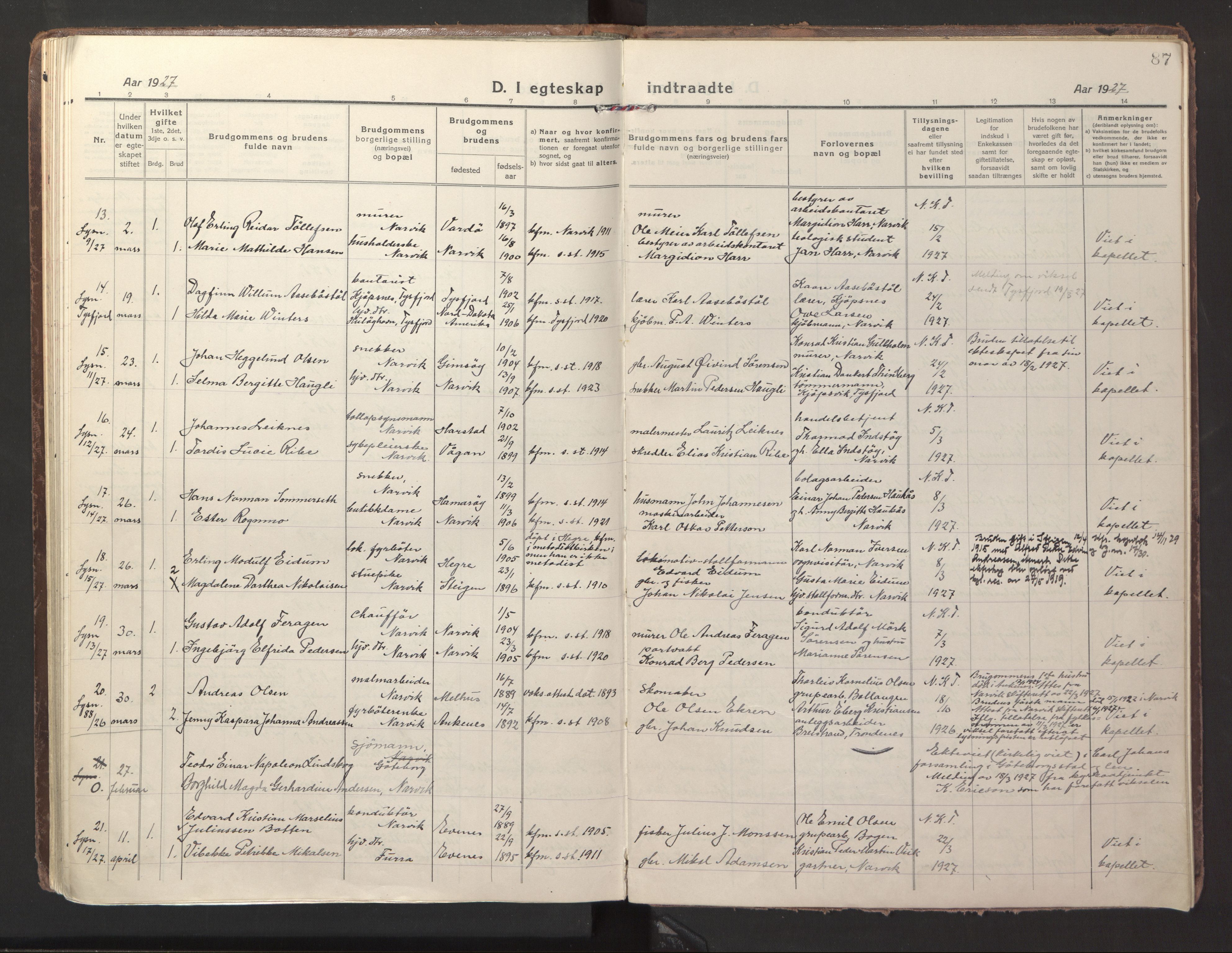 Ministerialprotokoller, klokkerbøker og fødselsregistre - Nordland, AV/SAT-A-1459/871/L1002: Parish register (official) no. 871A18, 1917-1926, p. 87