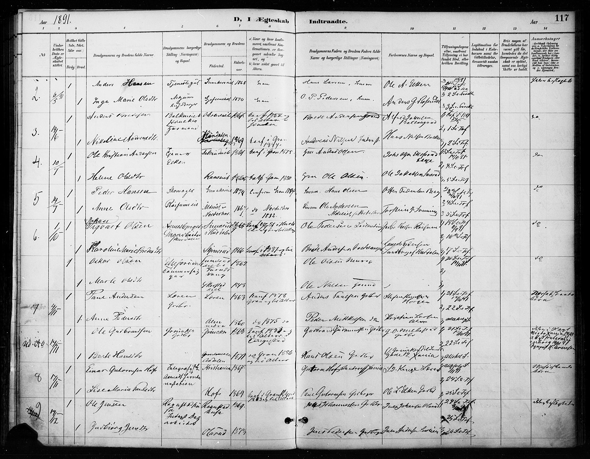 Gran prestekontor, SAH/PREST-112/H/Ha/Haa/L0018: Parish register (official) no. 18, 1889-1899, p. 117