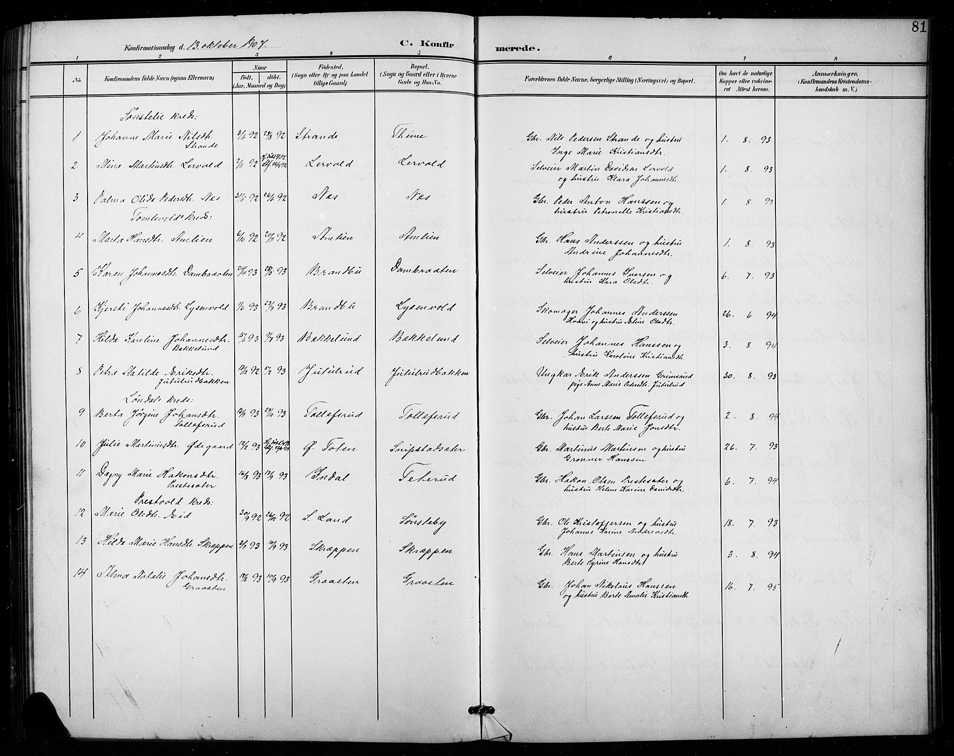 Vestre Toten prestekontor, SAH/PREST-108/H/Ha/Hab/L0016: Parish register (copy) no. 16, 1901-1915, p. 81