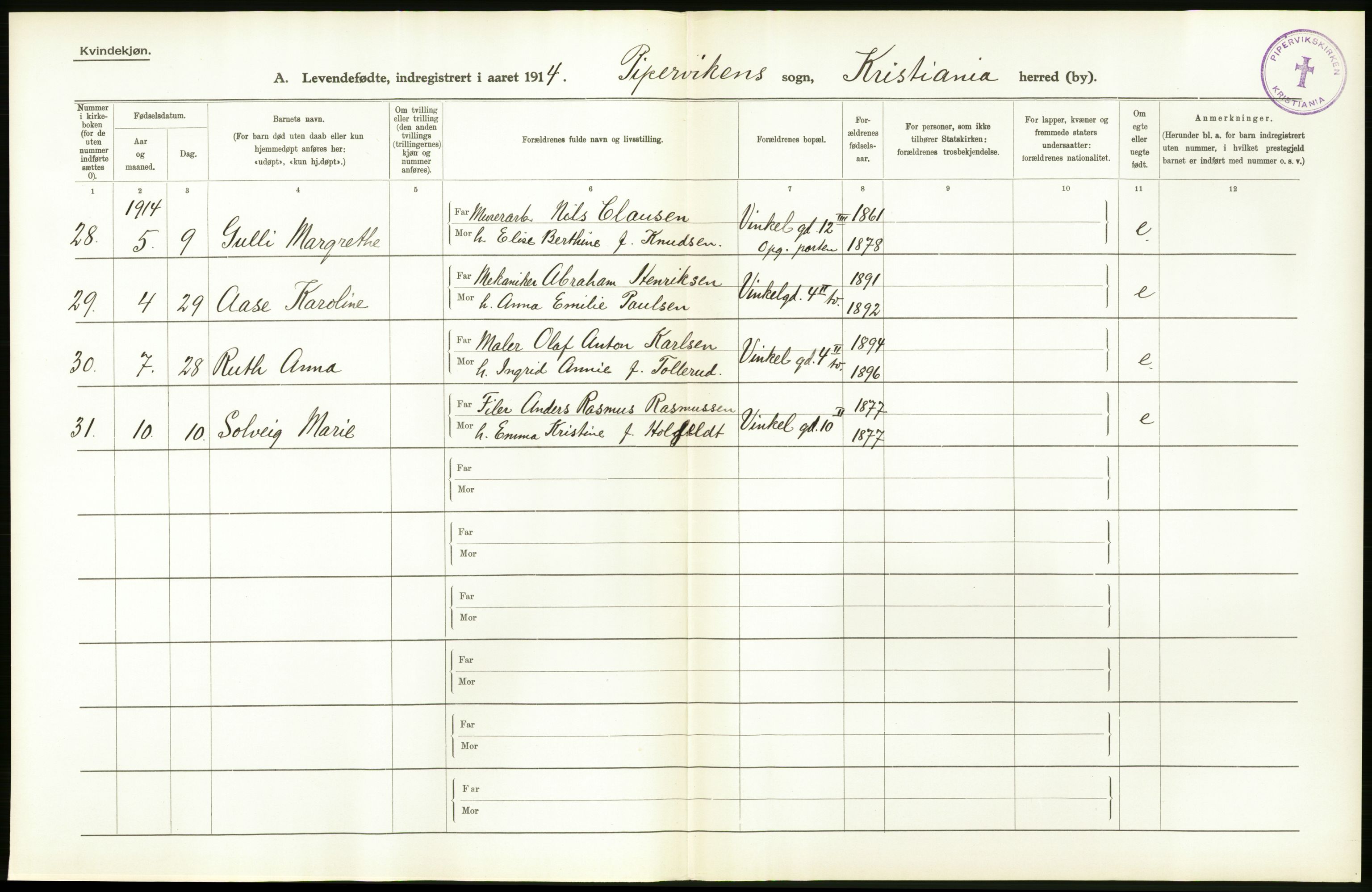 Statistisk sentralbyrå, Sosiodemografiske emner, Befolkning, AV/RA-S-2228/D/Df/Dfb/Dfbd/L0005: Kristiania: Levendefødte menn og kvinner., 1914, p. 18