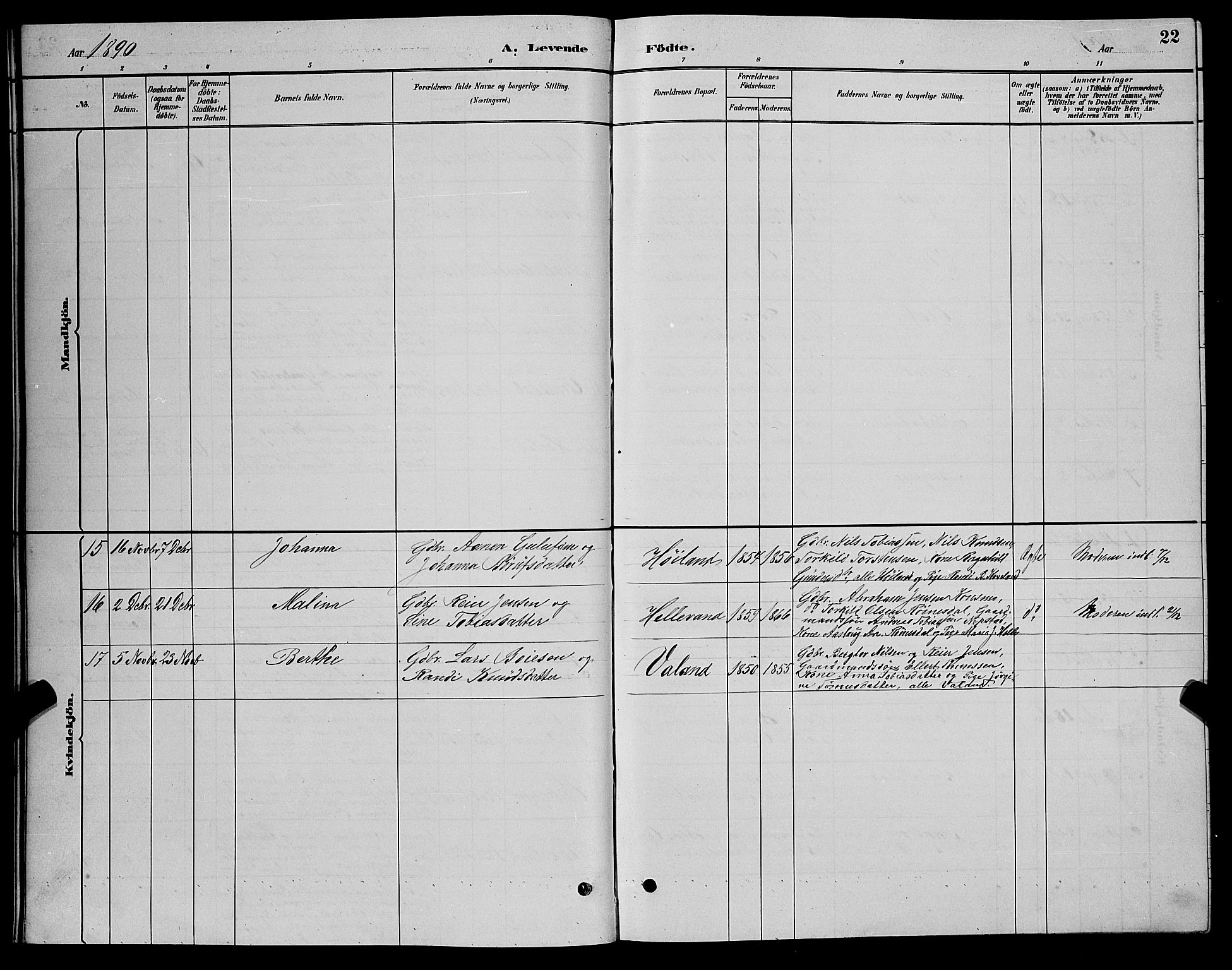 Nord-Audnedal sokneprestkontor, AV/SAK-1111-0032/F/Fb/Fba/L0003: Parish register (copy) no. B 3, 1881-1900, p. 22