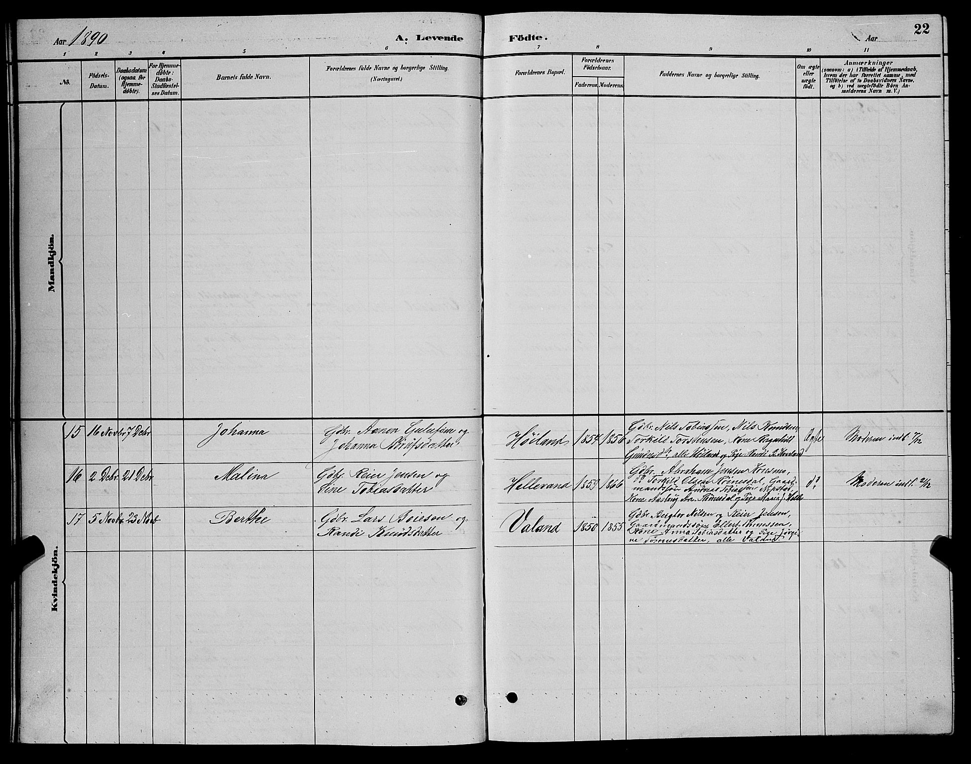 Nord-Audnedal sokneprestkontor, SAK/1111-0032/F/Fb/Fba/L0003: Parish register (copy) no. B 3, 1881-1900, p. 22