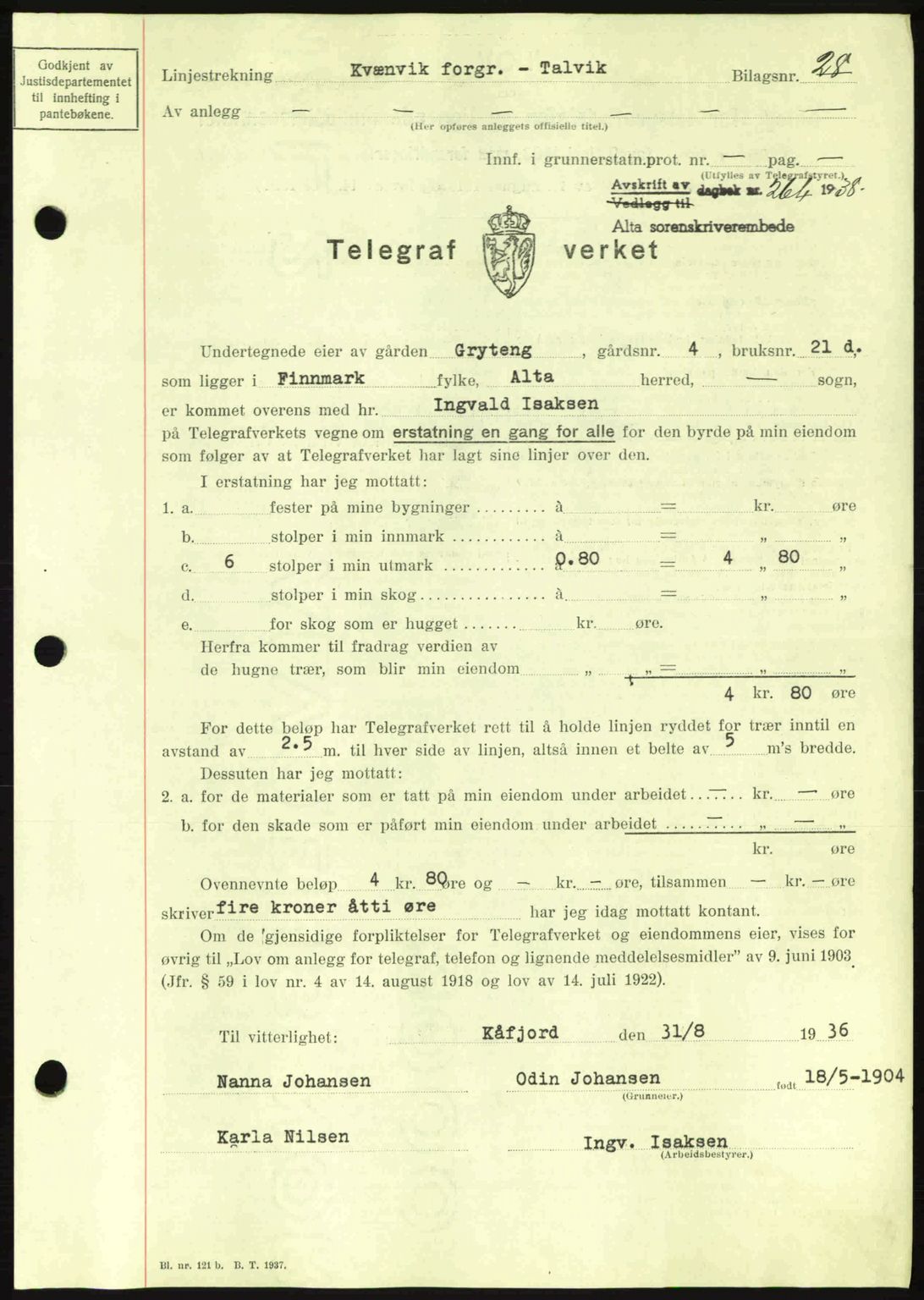 Alta fogderi/sorenskriveri, SATØ/SATØ-5/1/K/Kd/L0031pantebok: Mortgage book no. 31, 1938-1939, Diary no: : 264/1938
