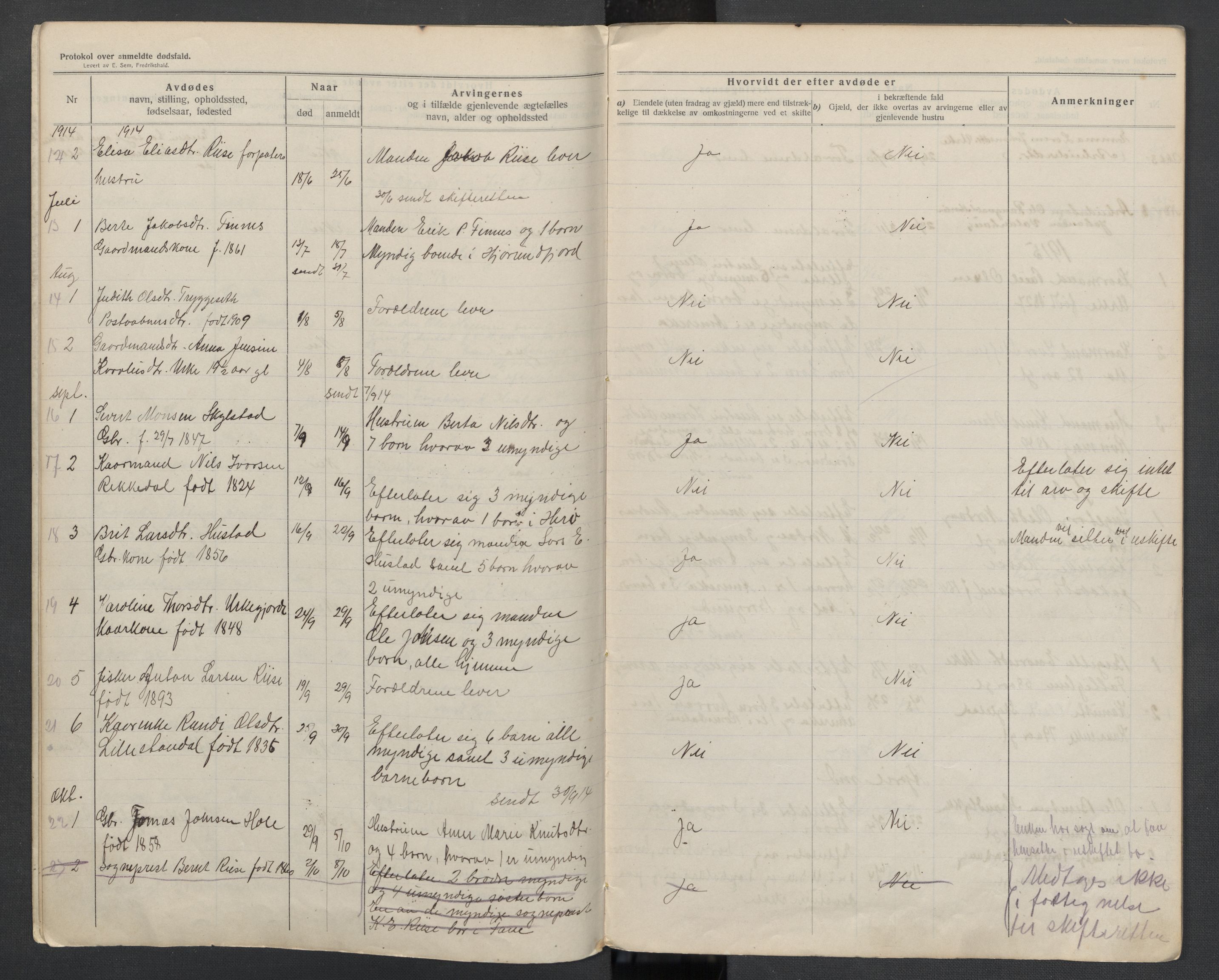 Hjørundfjord lensmannskontor, AV/SAT-A-5879/1/2/L0005: 2.2.02 - Dødsfallsprotokoll, 1913-1923