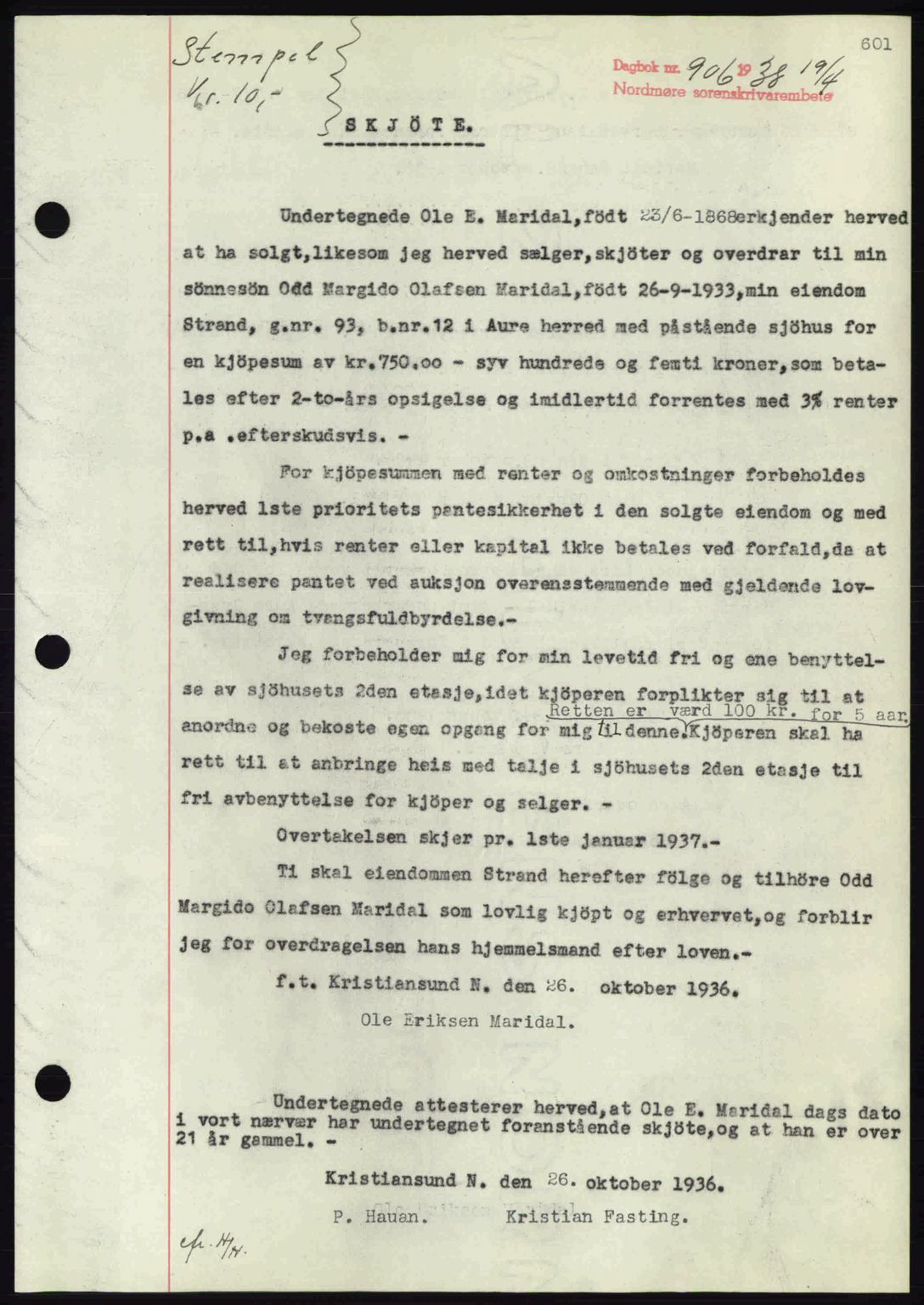 Nordmøre sorenskriveri, AV/SAT-A-4132/1/2/2Ca: Mortgage book no. A83, 1938-1938, Diary no: : 906/1938