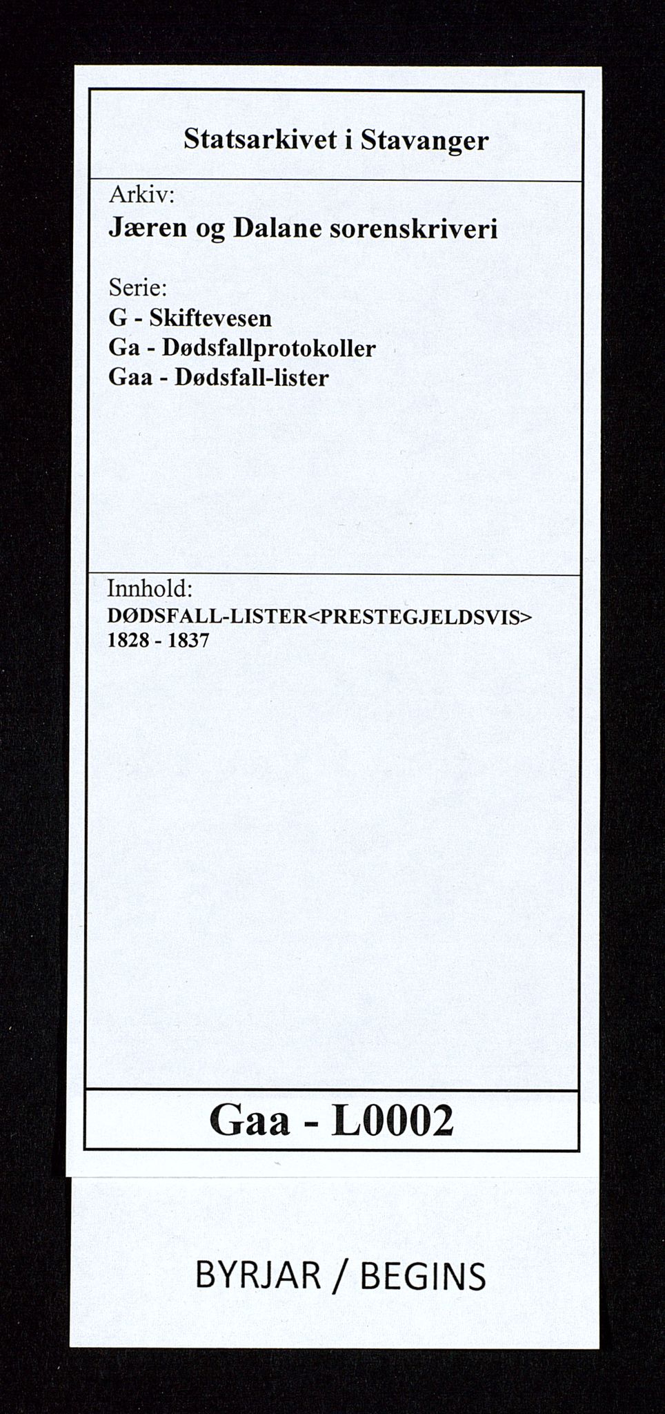 Jæren og Dalane sorenskriveri, AV/SAST-A-100306/5/52AA/L0002: DØDSFALL-LISTER<PRESTEGJELDSVIS>, 1828-1837, p. 1