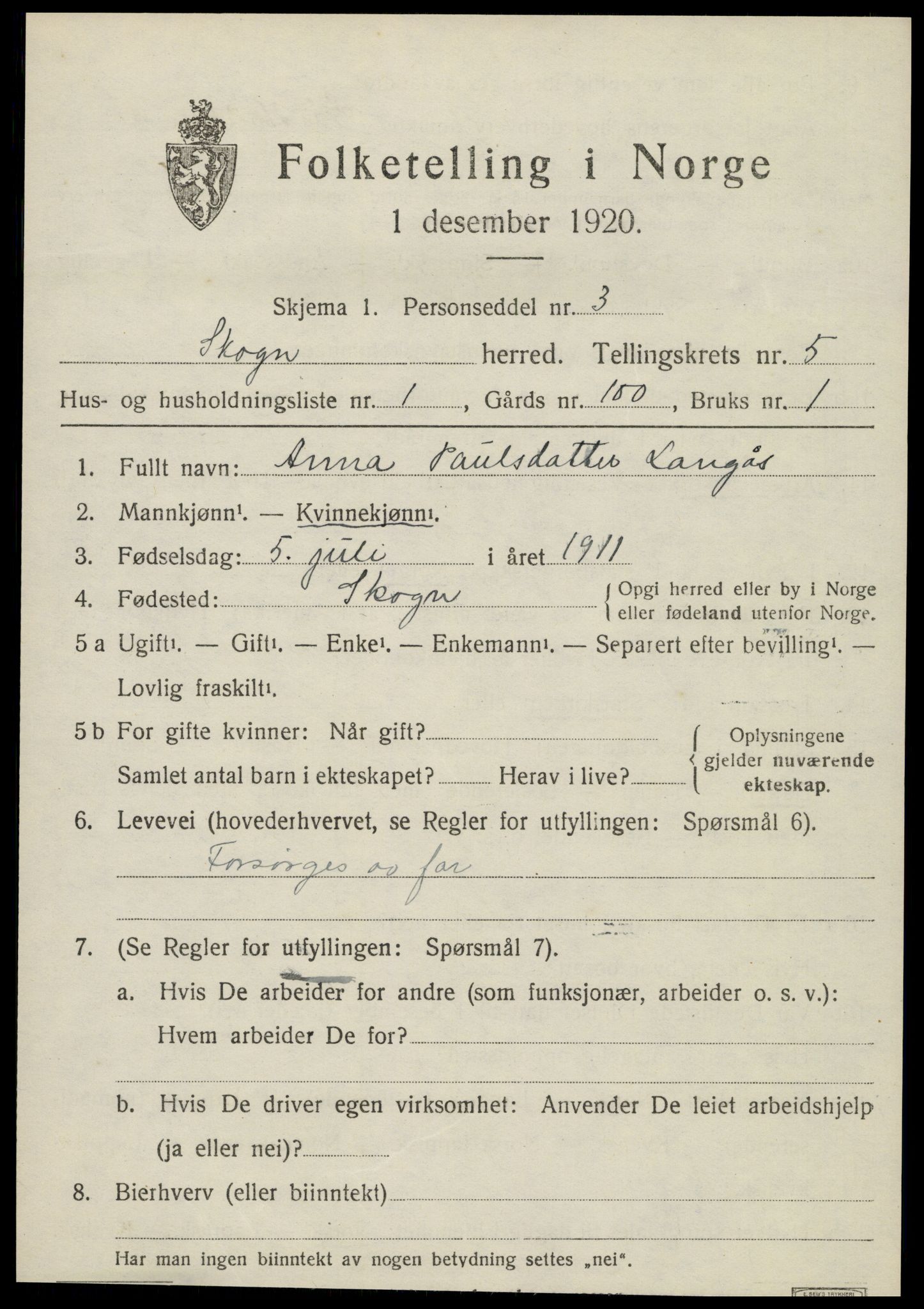 SAT, 1920 census for Skogn, 1920, p. 6489