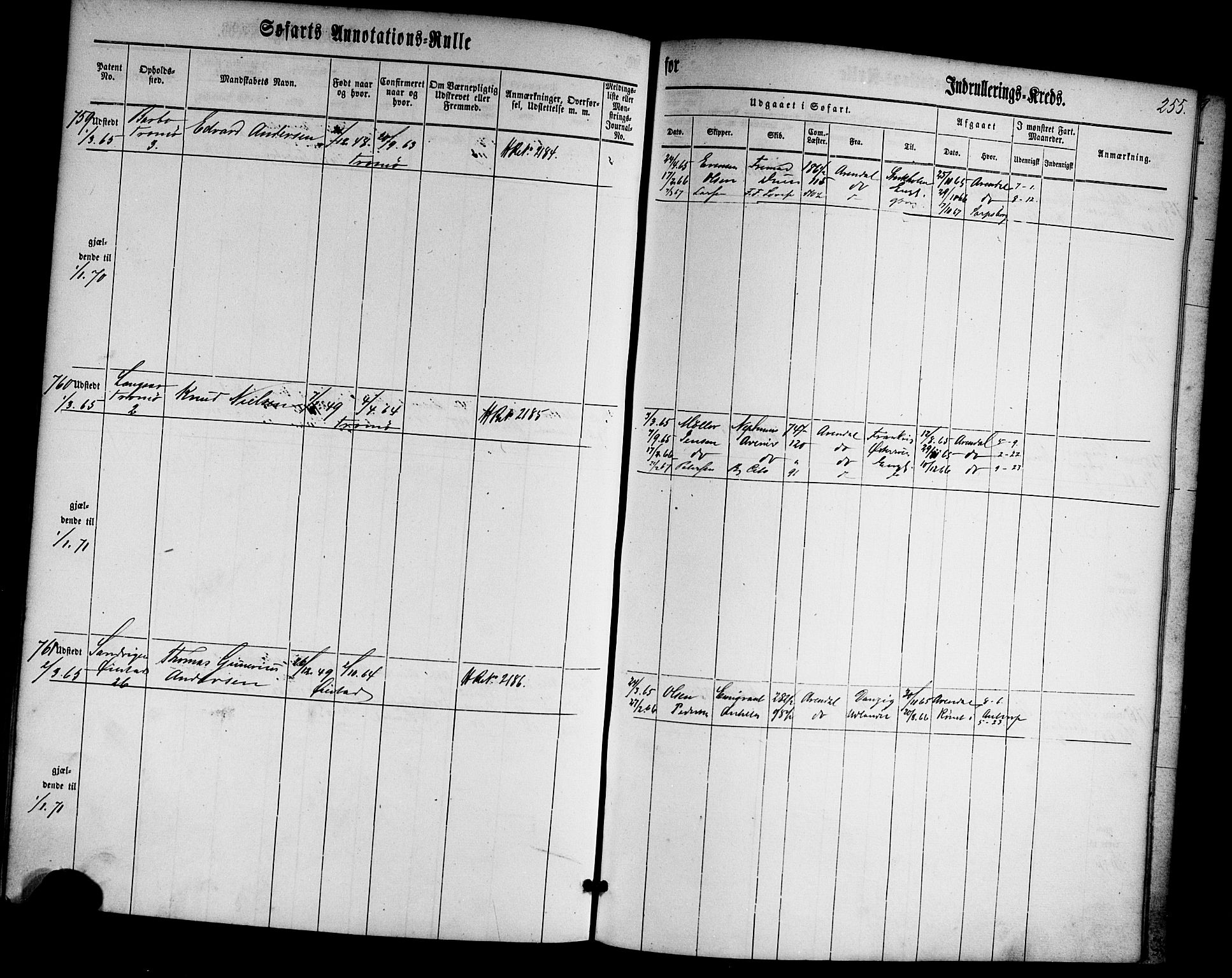 Arendal mønstringskrets, AV/SAK-2031-0012/F/Fa/L0001: Annotasjonsrulle nr 1-794 med register, E-1, 1860-1865, p. 289