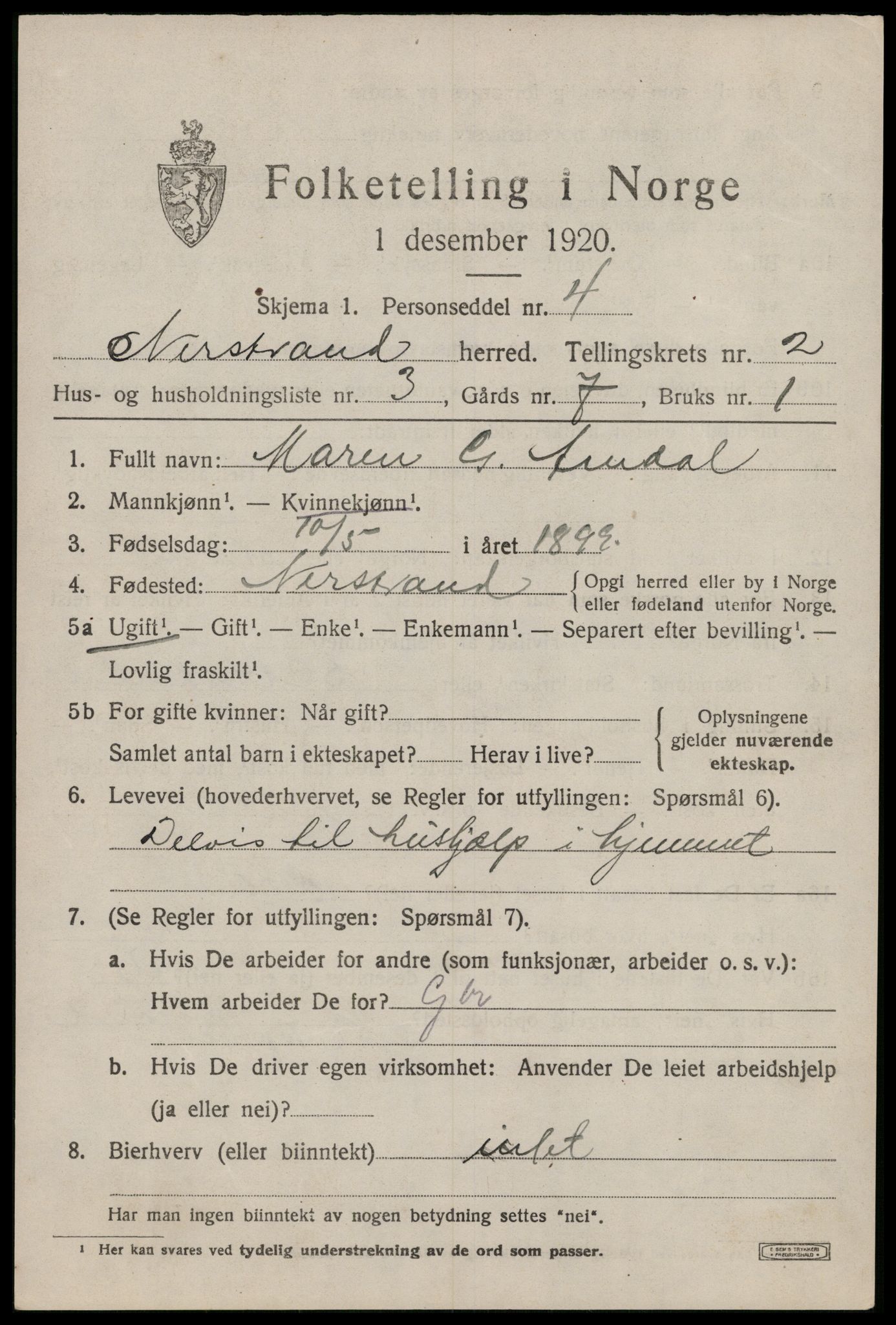 SAST, 1920 census for Nedstrand, 1920, p. 1005