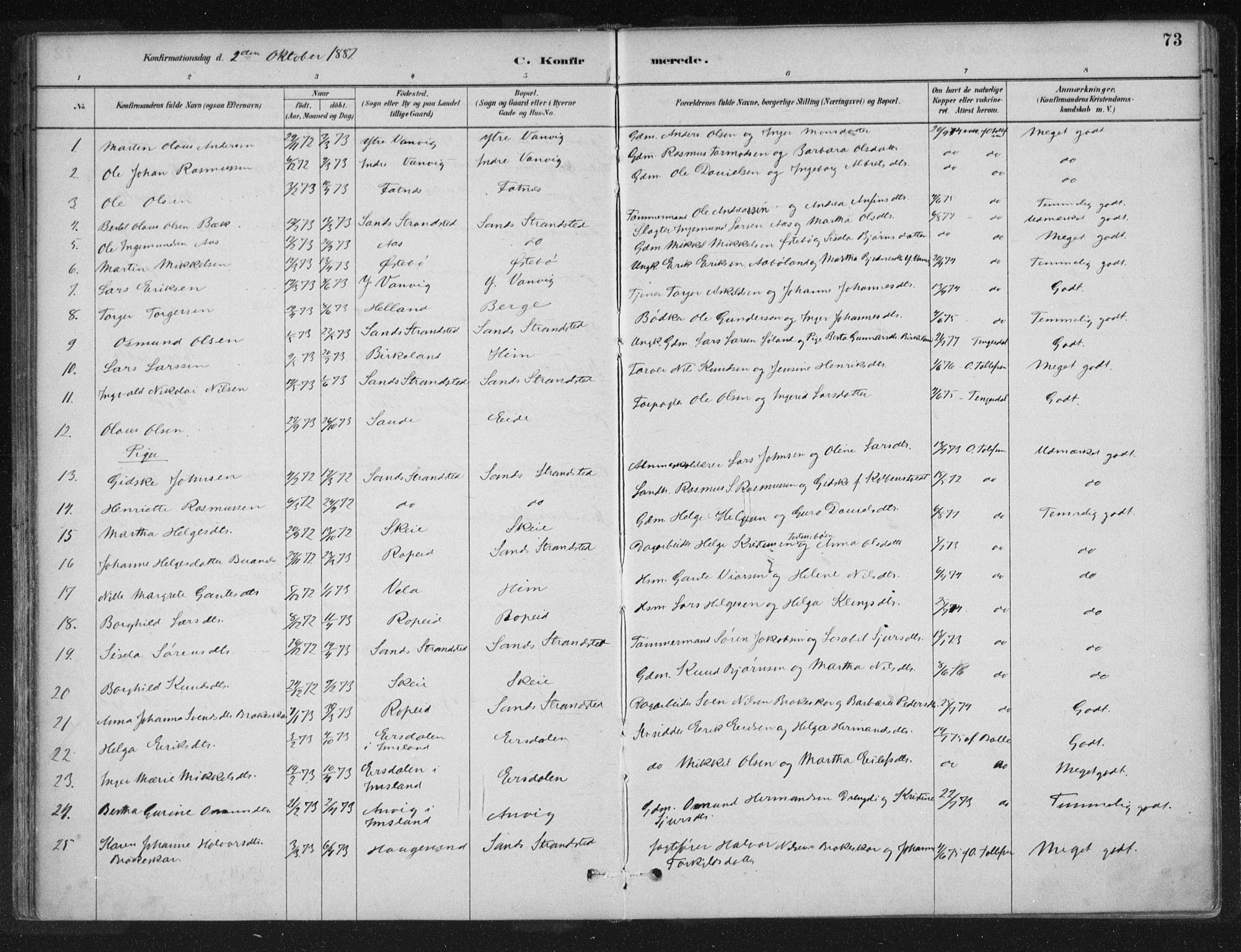 Sand sokneprestkontor, SAST/A-101848/01/III/L0005: Parish register (official) no. A 5, 1880-1898, p. 73