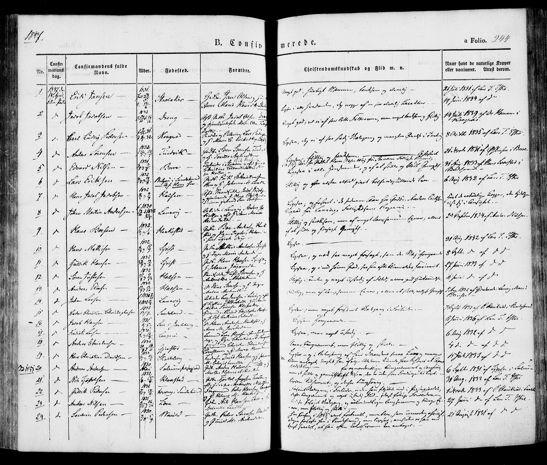 Tjølling kirkebøker, SAKO/A-60/F/Fa/L0006: Parish register (official) no. 6, 1835-1859, p. 244