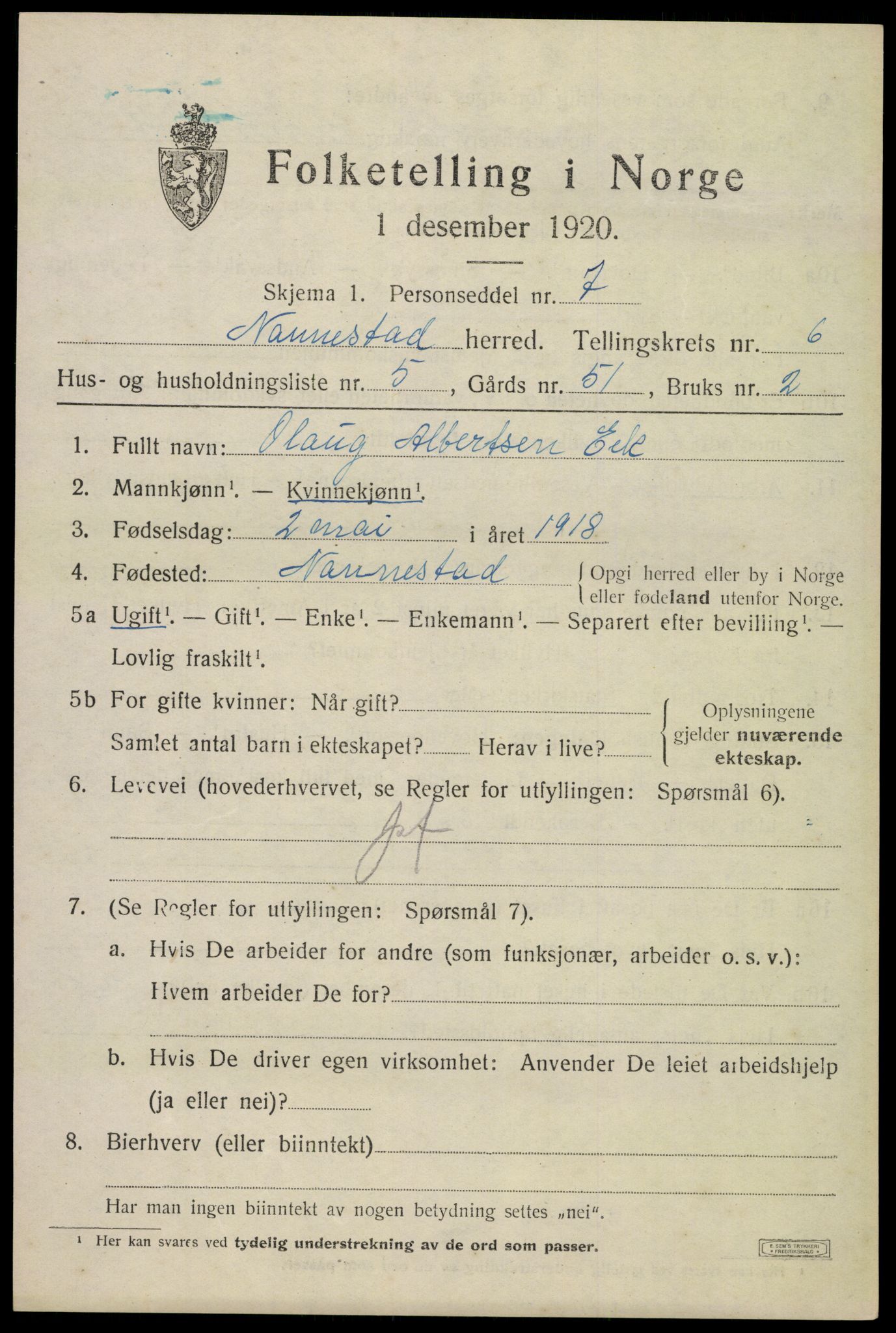 SAO, 1920 census for Nannestad, 1920, p. 7628