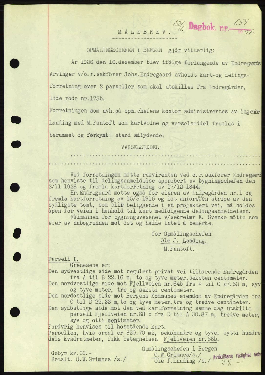 Byfogd og Byskriver i Bergen, SAB/A-3401/03/03Bc/L0004: Mortgage book no. A3-4, 1936-1937, Diary no: : 654/1937