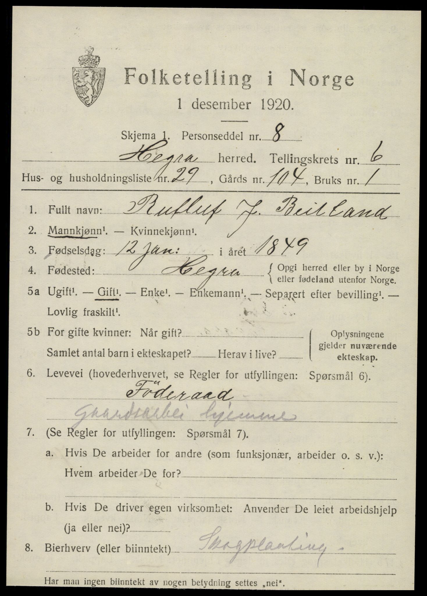 SAT, 1920 census for Hegra, 1920, p. 5142