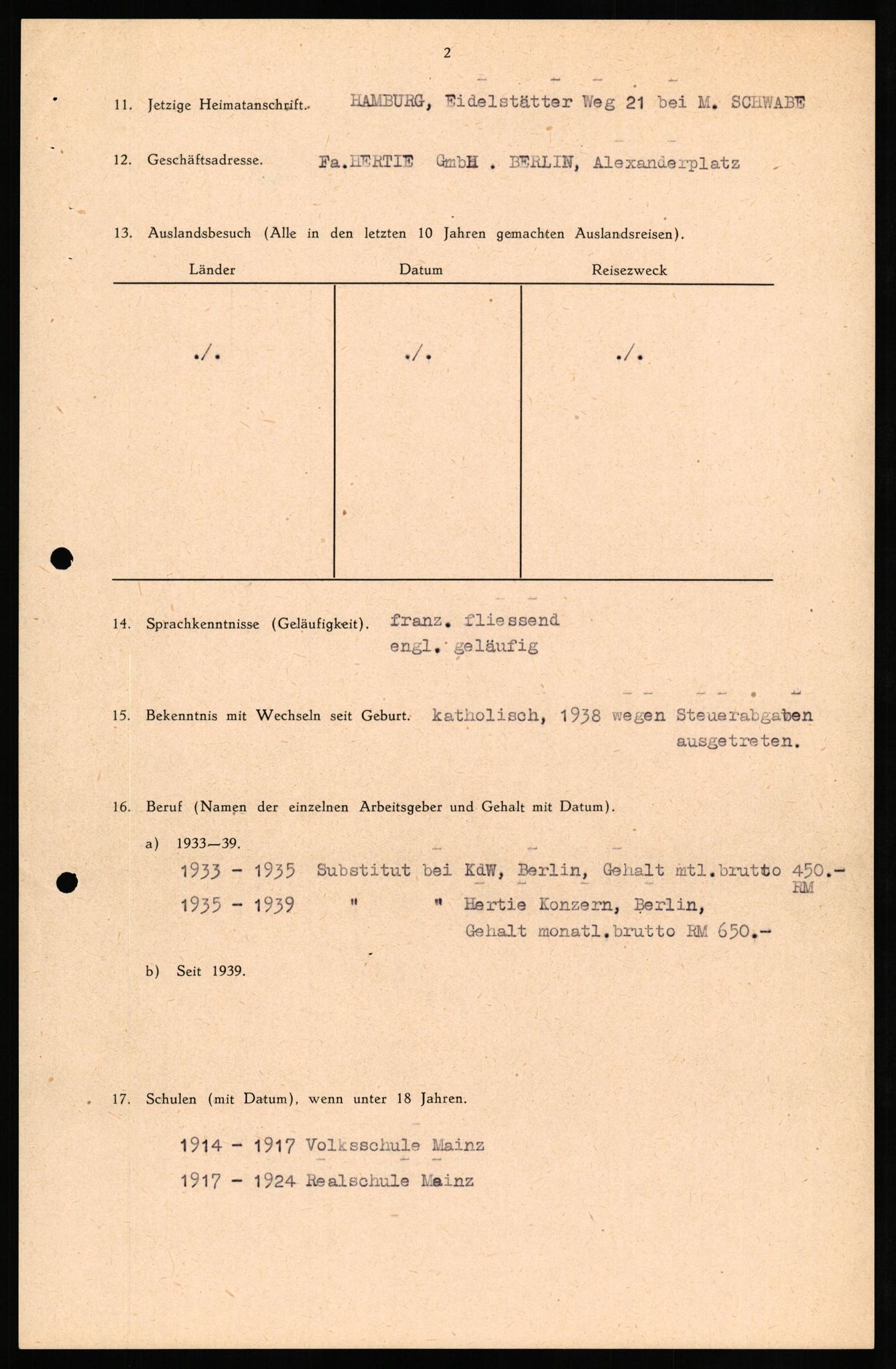 Forsvaret, Forsvarets overkommando II, AV/RA-RAFA-3915/D/Db/L0027: CI Questionaires. Tyske okkupasjonsstyrker i Norge. Tyskere., 1945-1946, p. 189