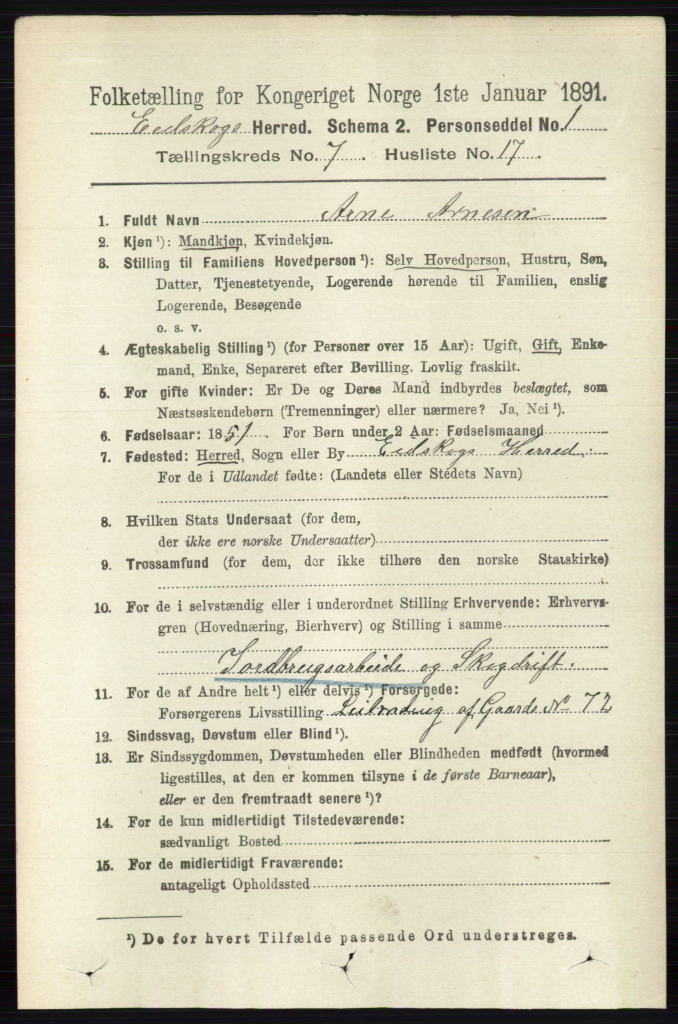 RA, 1891 census for 0420 Eidskog, 1891, p. 3783