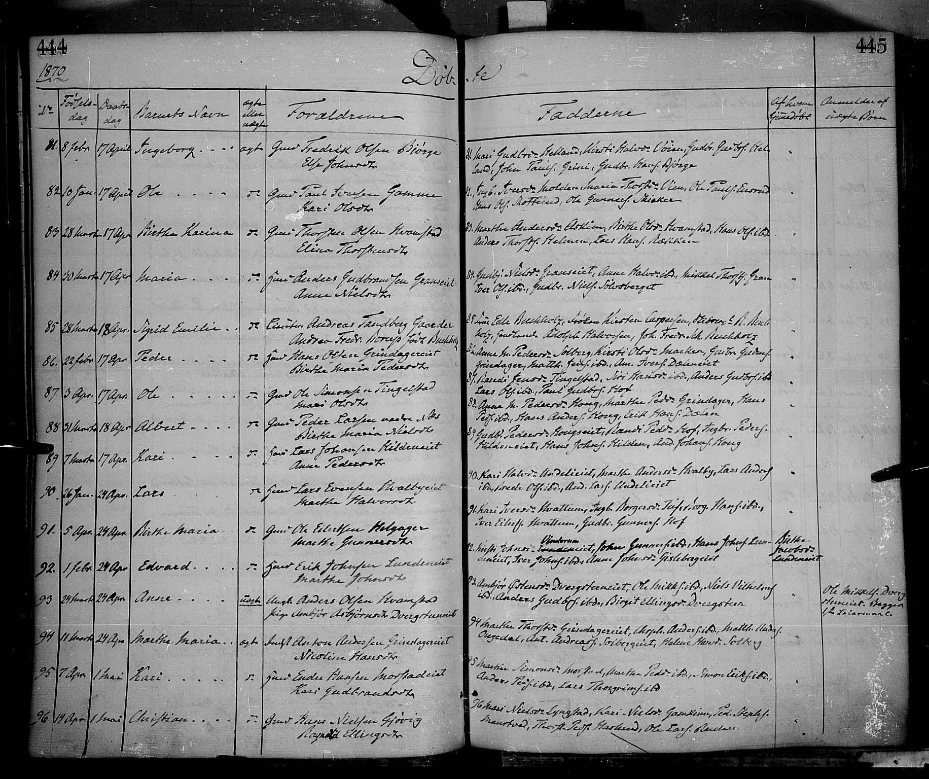 Gran prestekontor, AV/SAH-PREST-112/H/Ha/Haa/L0012: Parish register (official) no. 12, 1856-1874, p. 444-445