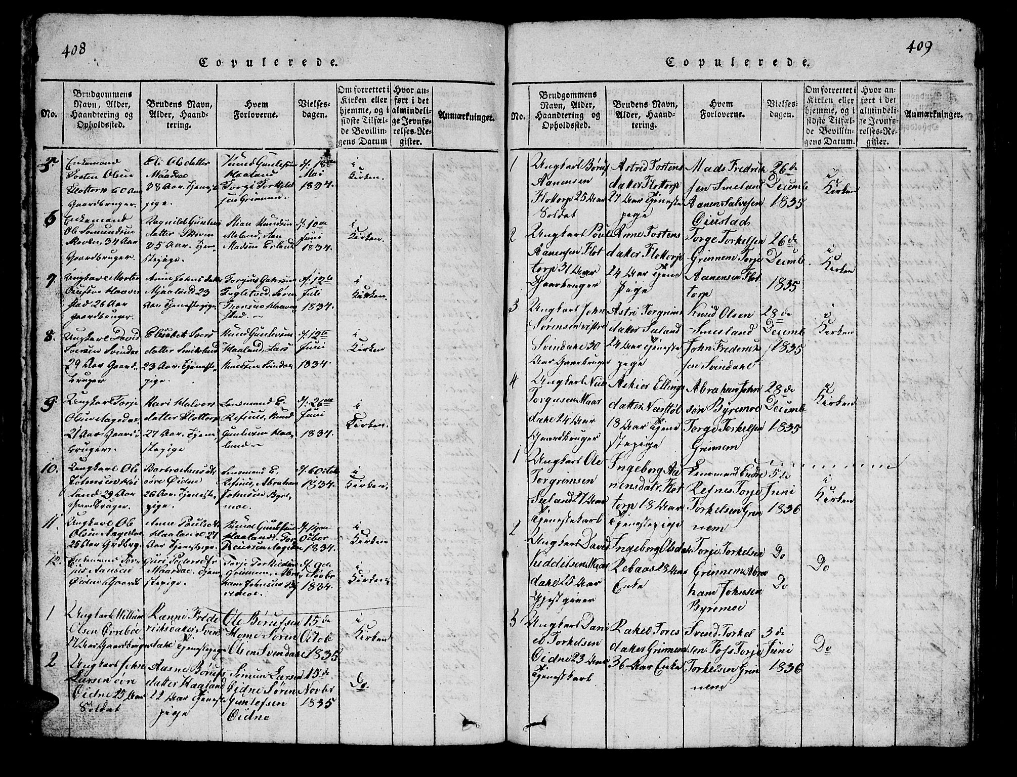Bjelland sokneprestkontor, SAK/1111-0005/F/Fb/Fbc/L0001: Parish register (copy) no. B 1, 1815-1870, p. 408-409