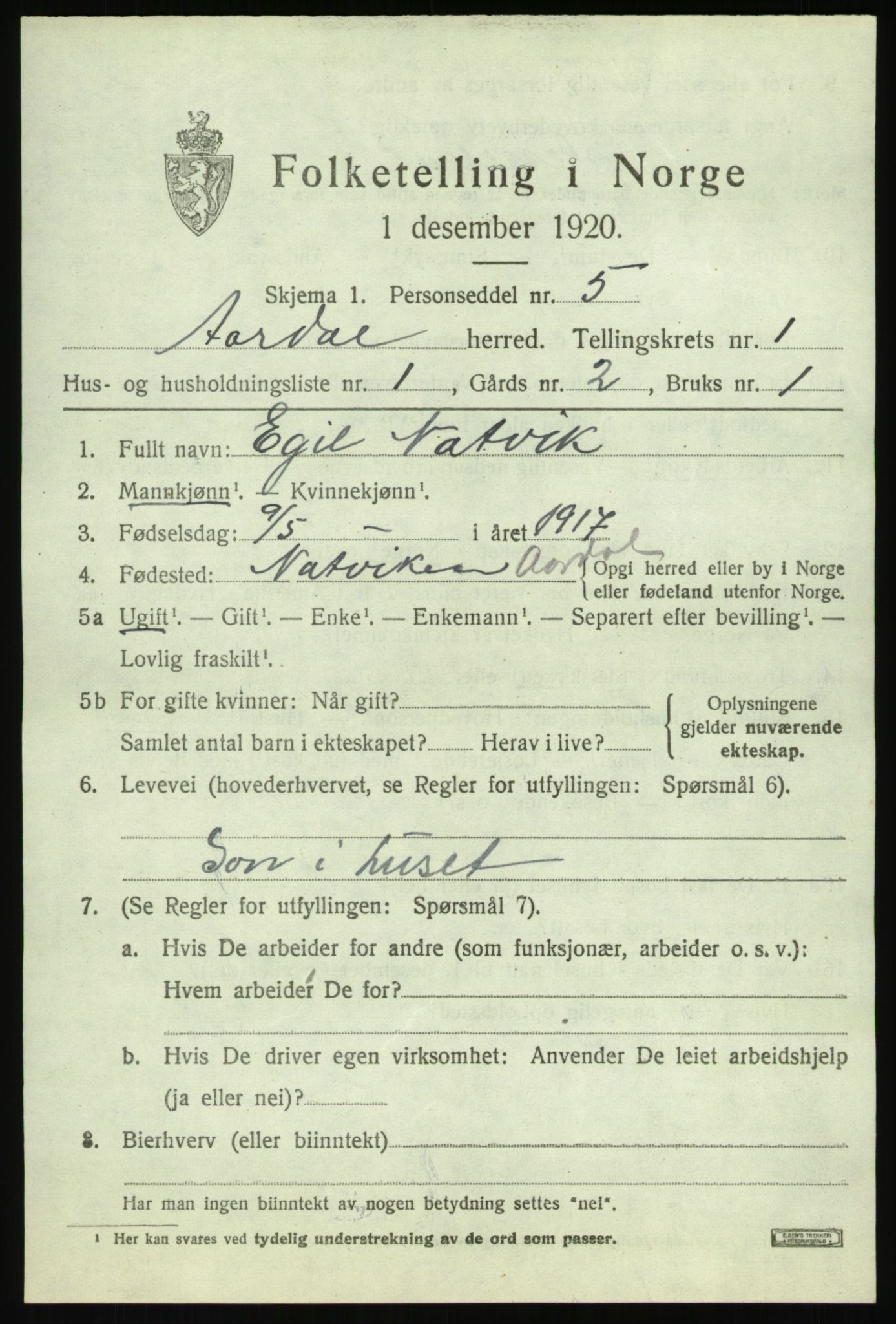 SAB, 1920 census for Årdal, 1920, p. 511