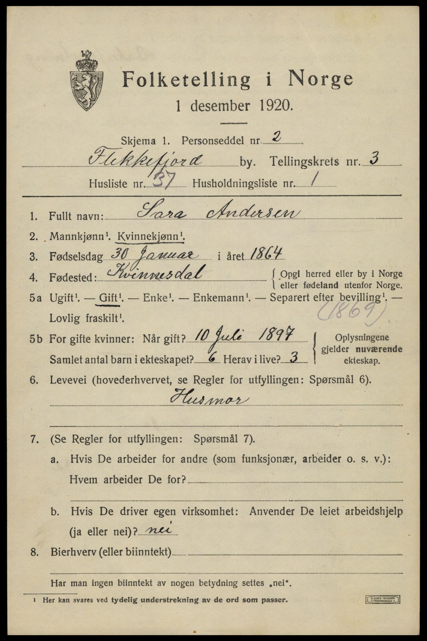SAK, 1920 census for Flekkefjord, 1920, p. 3836