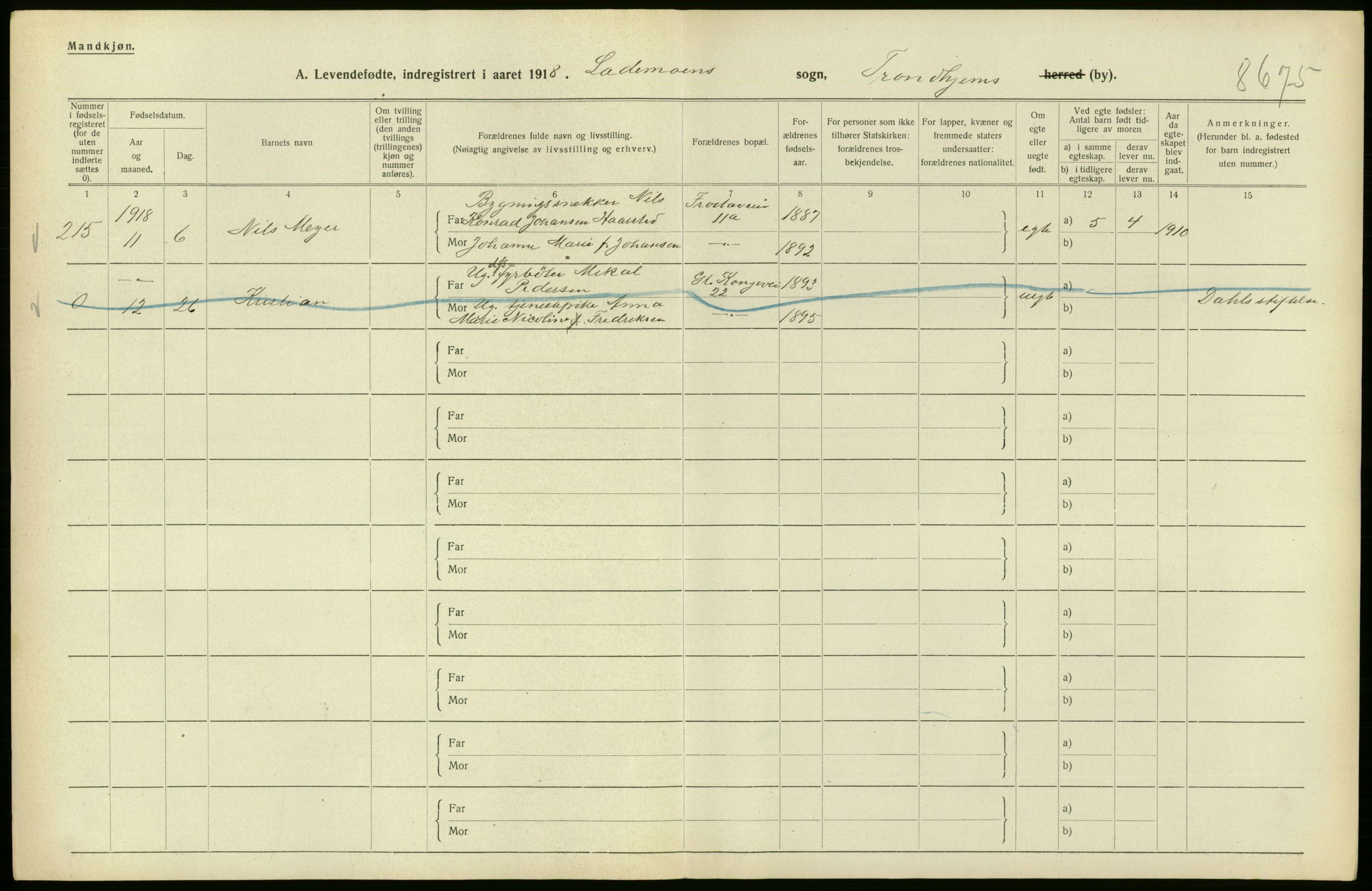 Statistisk sentralbyrå, Sosiodemografiske emner, Befolkning, AV/RA-S-2228/D/Df/Dfb/Dfbh/L0048: Trondheim: Levendefødte menn og kvinner, gifte., 1918, p. 394