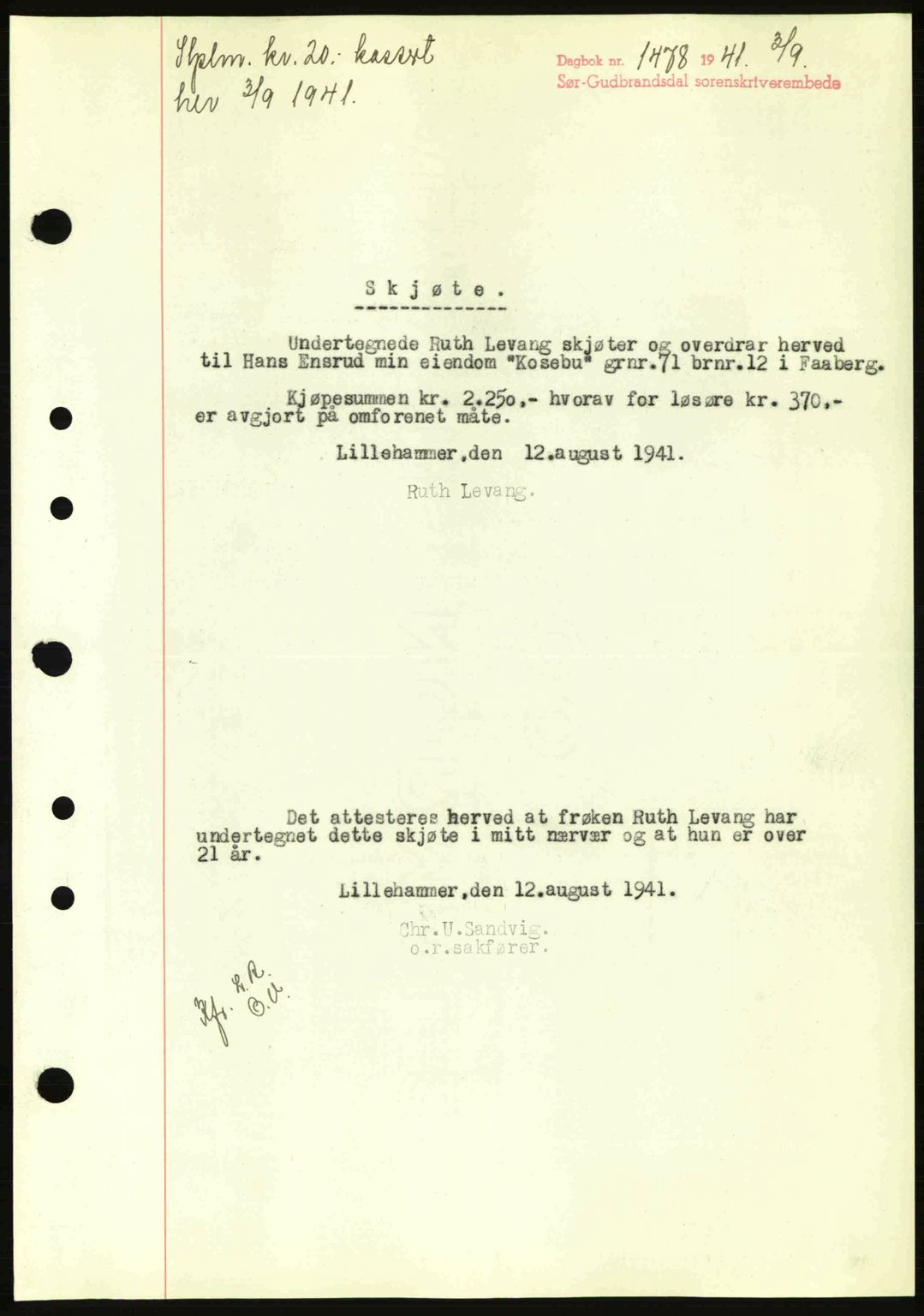 Sør-Gudbrandsdal tingrett, SAH/TING-004/H/Hb/Hbd/L0009: Mortgage book no. A9, 1941-1941, Diary no: : 1478/1941