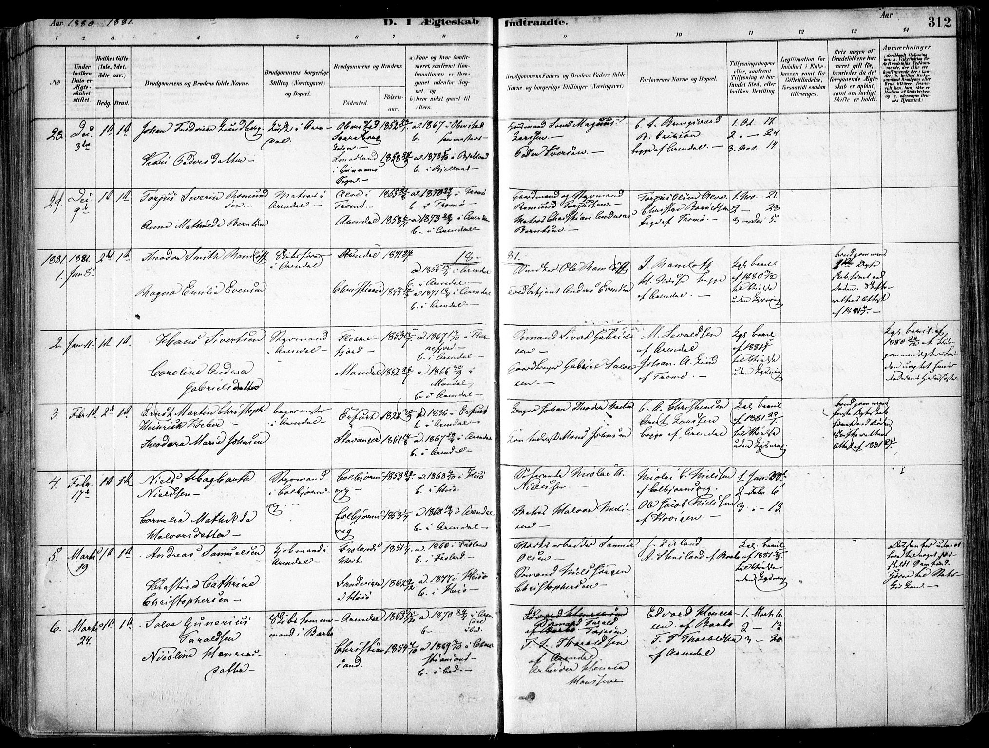 Arendal sokneprestkontor, Trefoldighet, SAK/1111-0040/F/Fa/L0008: Parish register (official) no. A 8, 1878-1899, p. 312