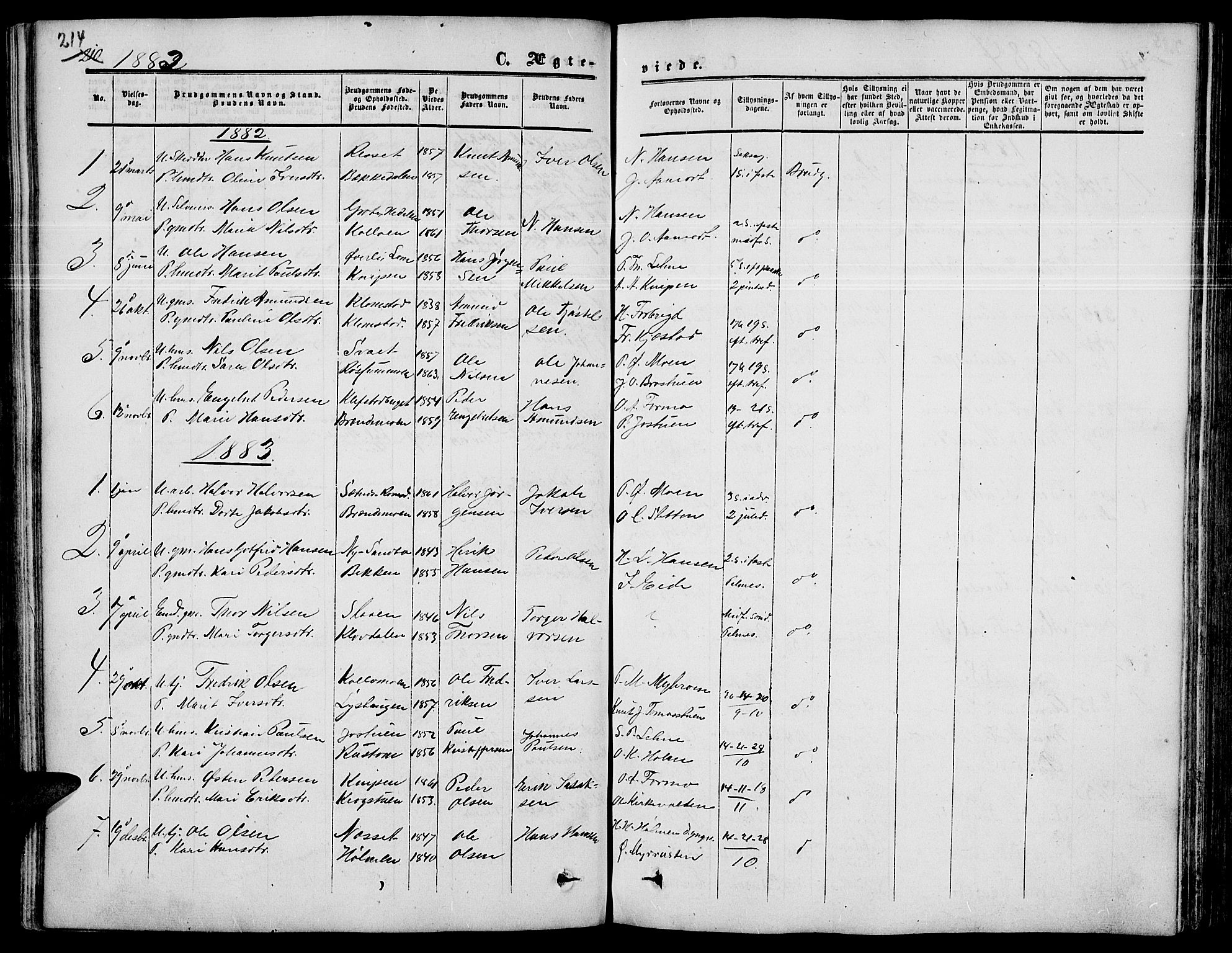 Nord-Fron prestekontor, SAH/PREST-080/H/Ha/Hab/L0003: Parish register (copy) no. 3, 1851-1886, p. 214