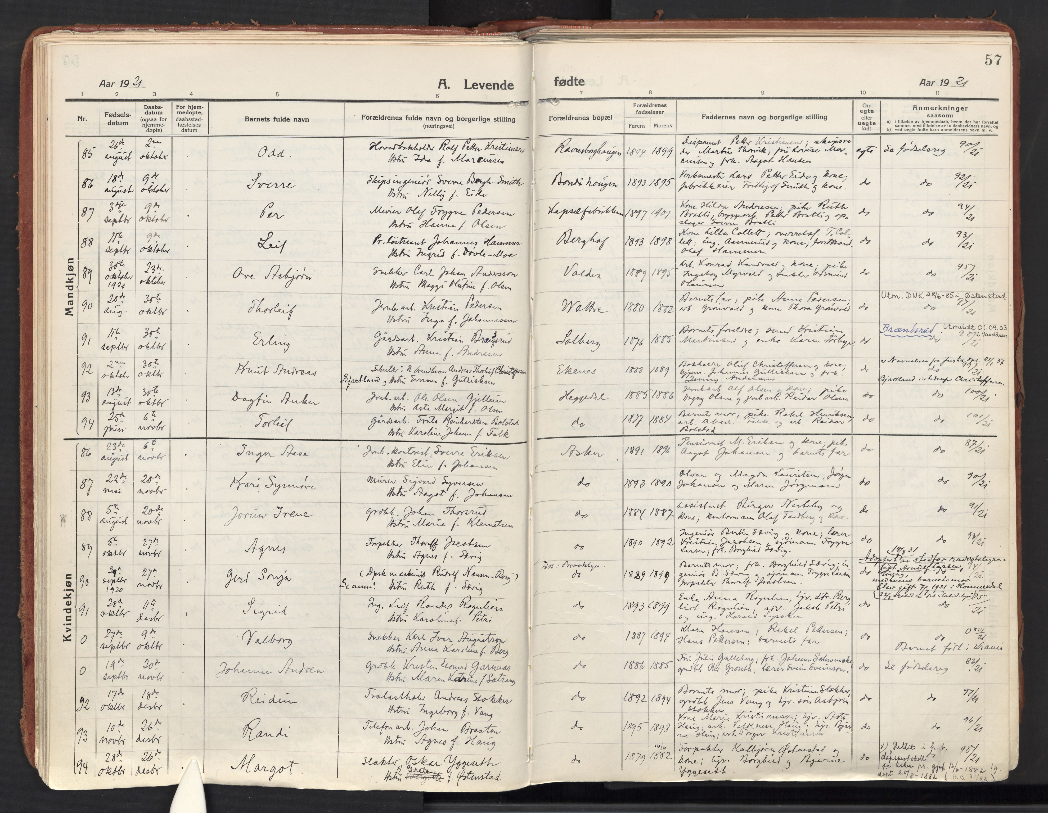 Asker prestekontor Kirkebøker, AV/SAO-A-10256a/F/Fa/L0018: Parish register (official) no. I 18, 1916-1936, p. 57