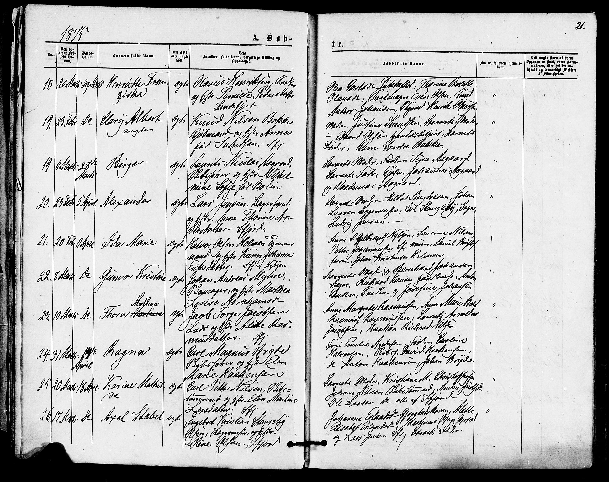 Sandefjord kirkebøker, AV/SAKO-A-315/F/Fa/L0001: Parish register (official) no. 1, 1873-1879, p. 21