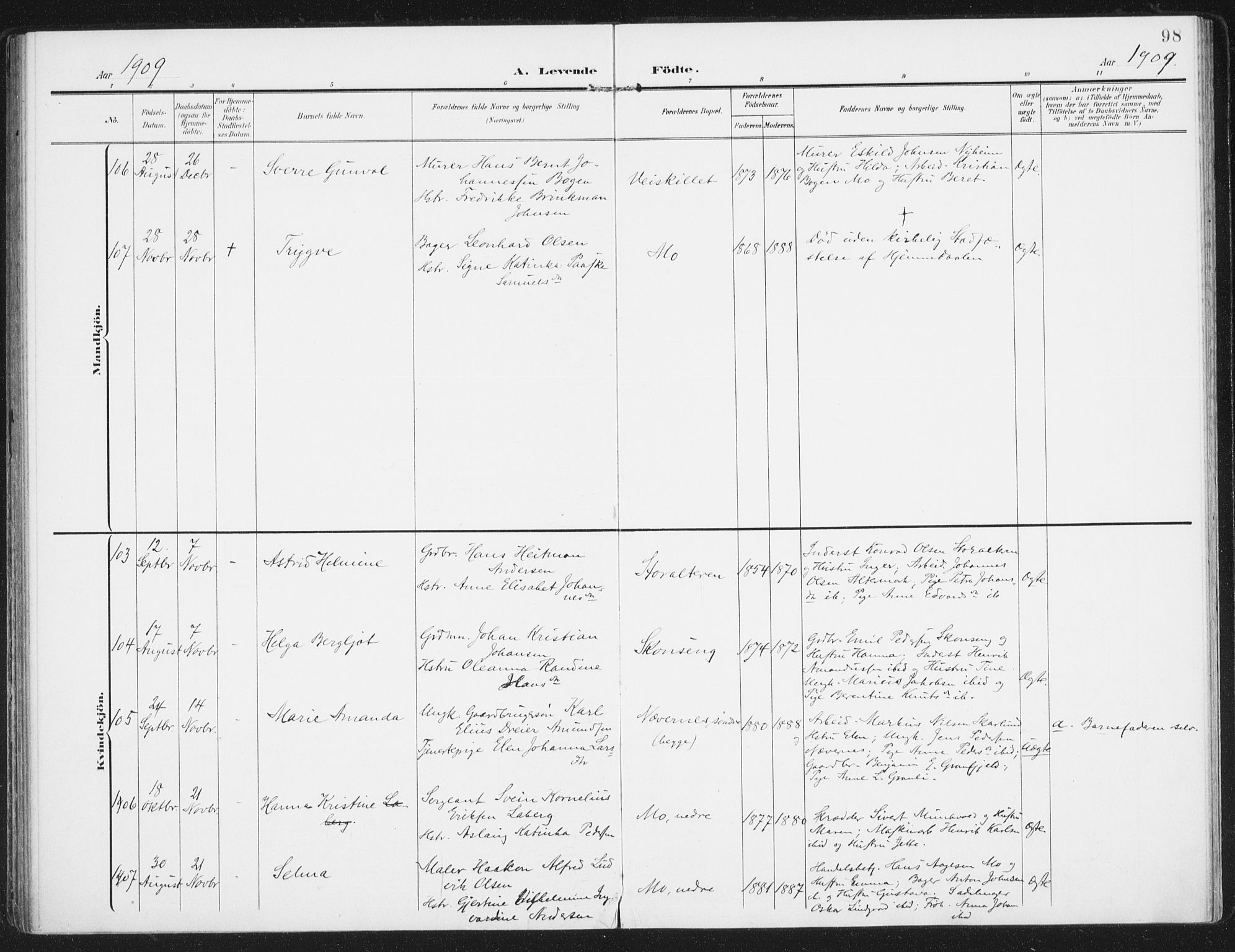 Ministerialprotokoller, klokkerbøker og fødselsregistre - Nordland, AV/SAT-A-1459/827/L0402: Parish register (official) no. 827A14, 1903-1912, p. 98