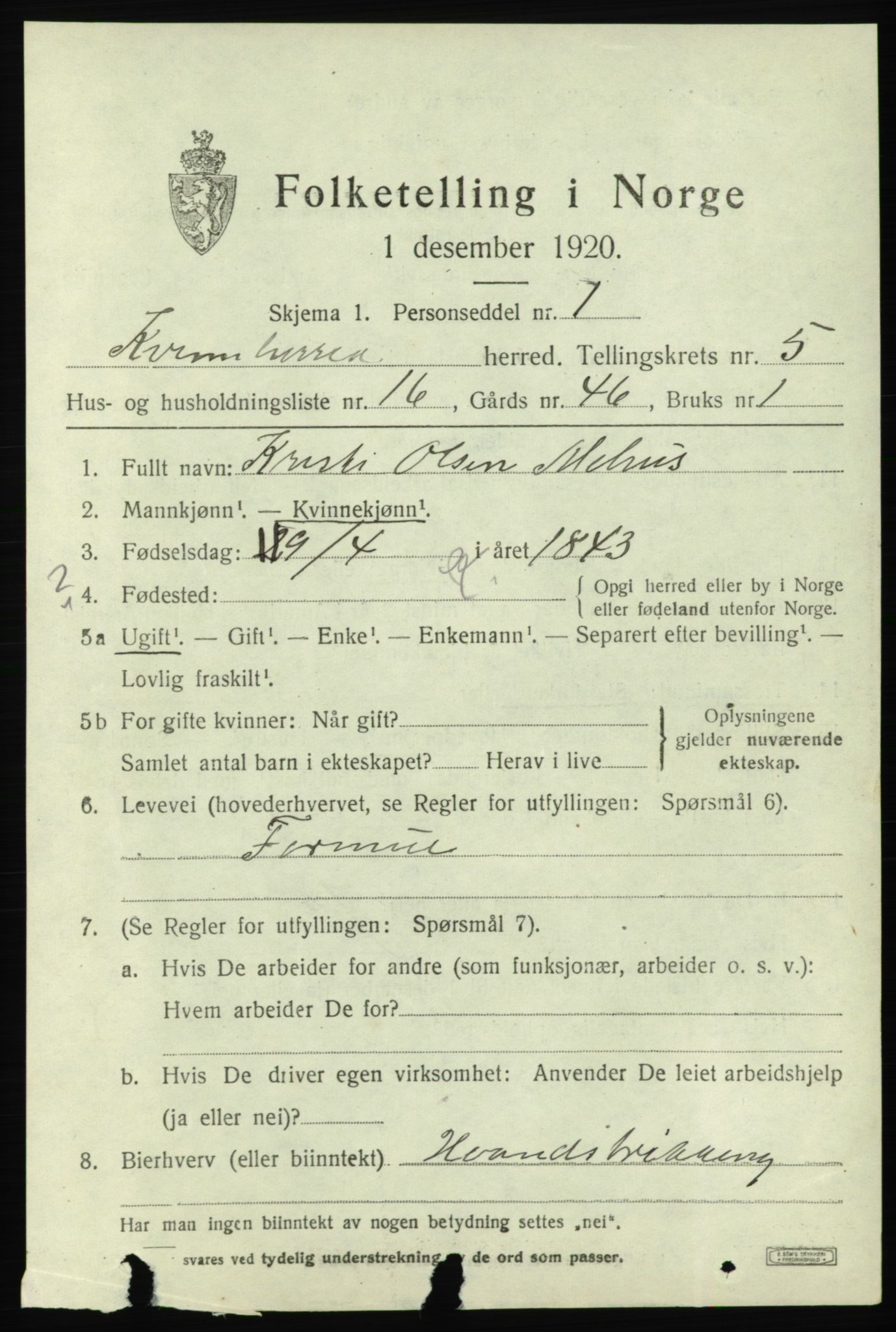 SAB, 1920 census for Kvinnherad, 1920, p. 6216