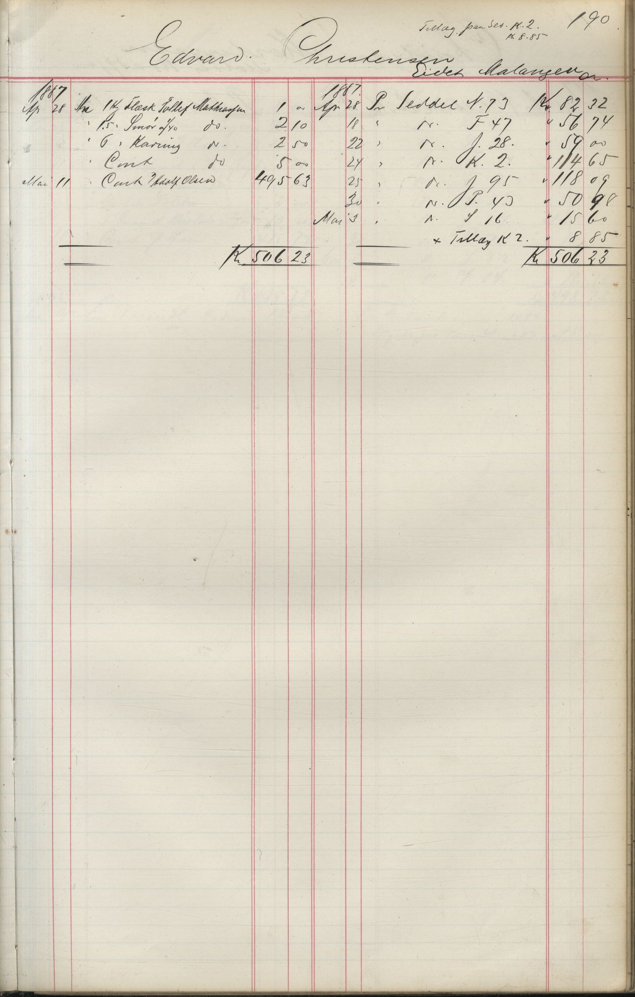 Brodtkorb handel A/S, VAMU/A-0001/F/Fa/L0004/0001: Kompanibøker. Utensogns / Compagnibog for Udensogns Fiskere No 15. Fra A - H, 1882-1895, p. 190