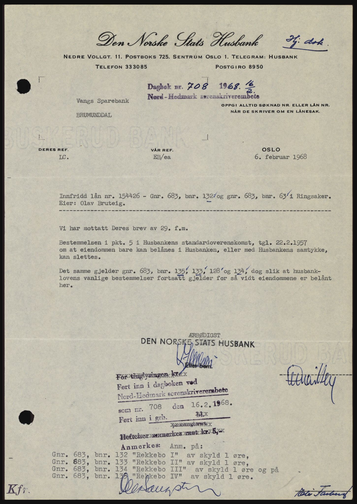 Nord-Hedmark sorenskriveri, SAH/TING-012/H/Hc/L0027: Mortgage book no. 27, 1967-1968, Diary no: : 708/1968