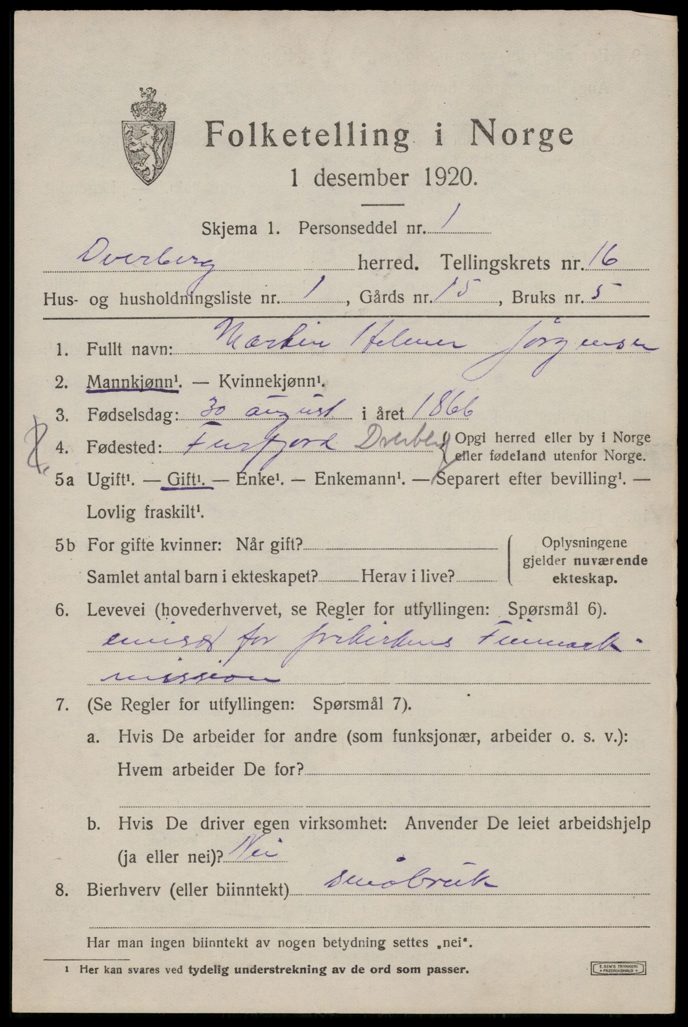 SAT, 1920 census for Dverberg, 1920, p. 11556