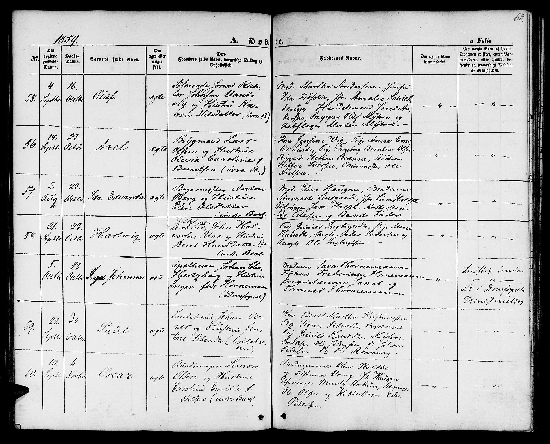 Ministerialprotokoller, klokkerbøker og fødselsregistre - Sør-Trøndelag, AV/SAT-A-1456/604/L0184: Parish register (official) no. 604A05, 1851-1860, p. 63