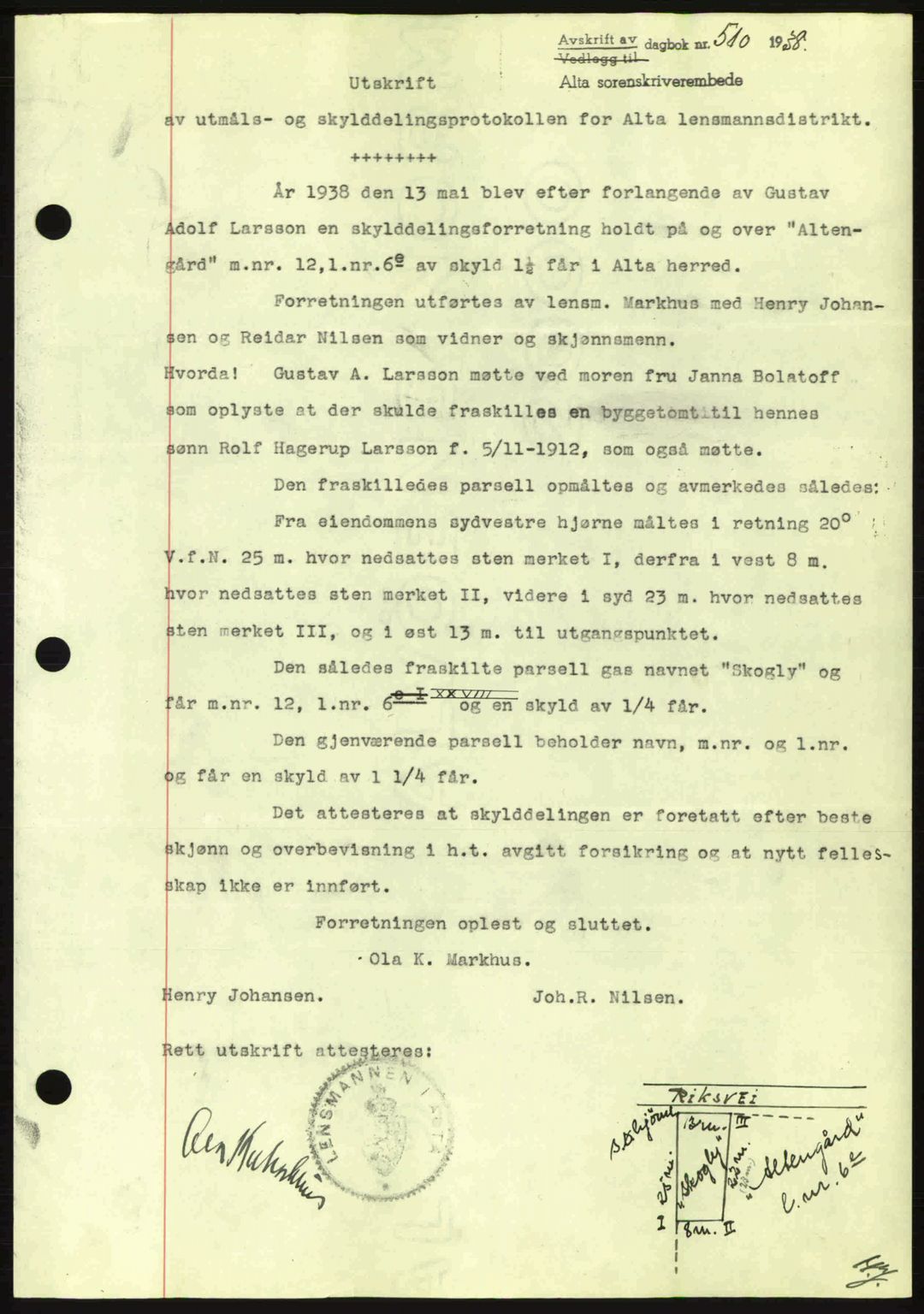 Alta fogderi/sorenskriveri, SATØ/SATØ-5/1/K/Kd/L0031pantebok: Mortgage book no. 31, 1938-1939, Diary no: : 510/1938