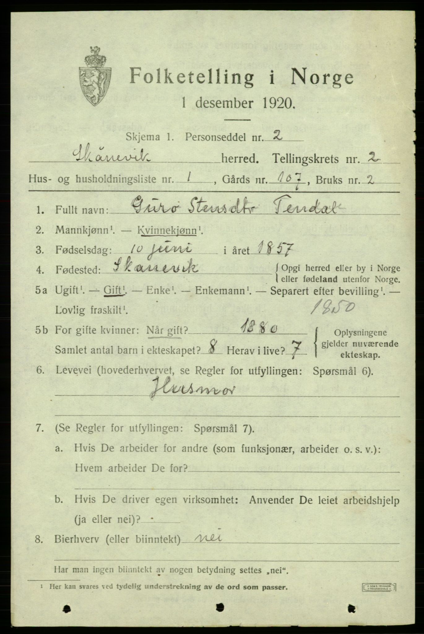 SAB, 1920 census for Skånevik, 1920, p. 2473