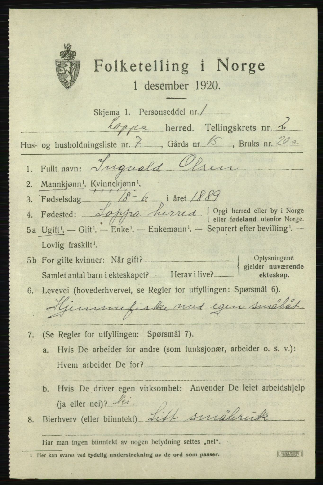 SATØ, 1920 census for Loppa, 1920, p. 884