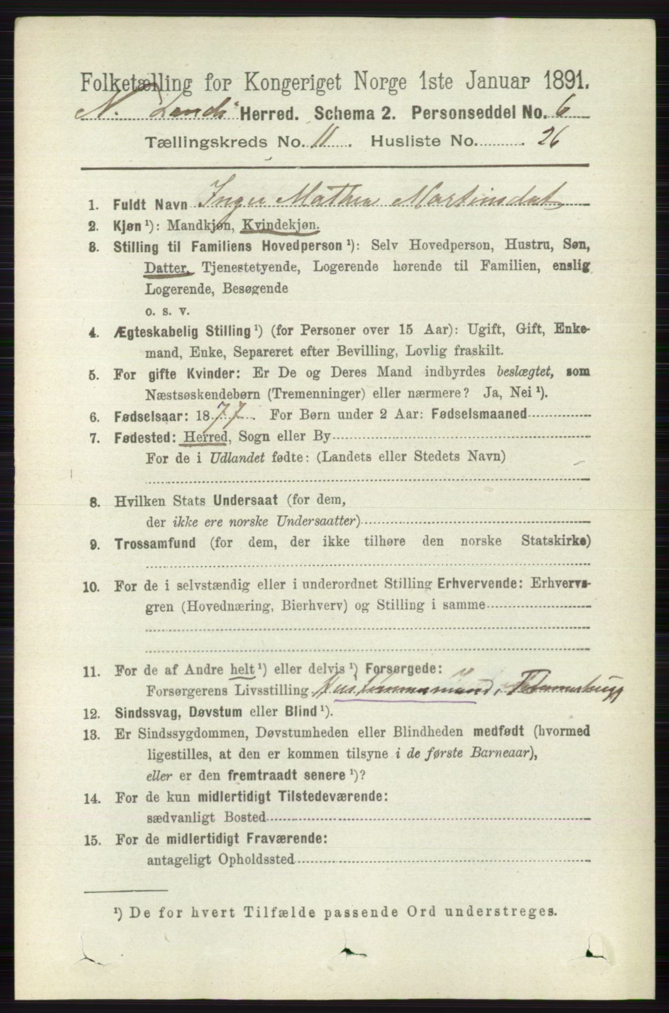 RA, 1891 census for 0538 Nordre Land, 1891, p. 3171