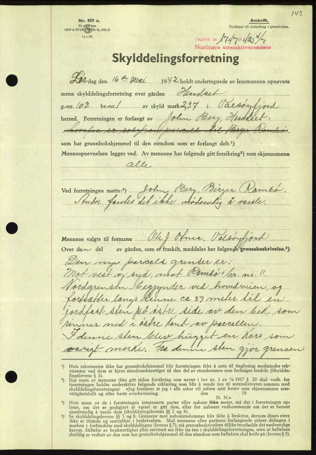 Nordmøre sorenskriveri, AV/SAT-A-4132/1/2/2Ca: Mortgage book no. A93, 1942-1942, Diary no: : 1747/1942