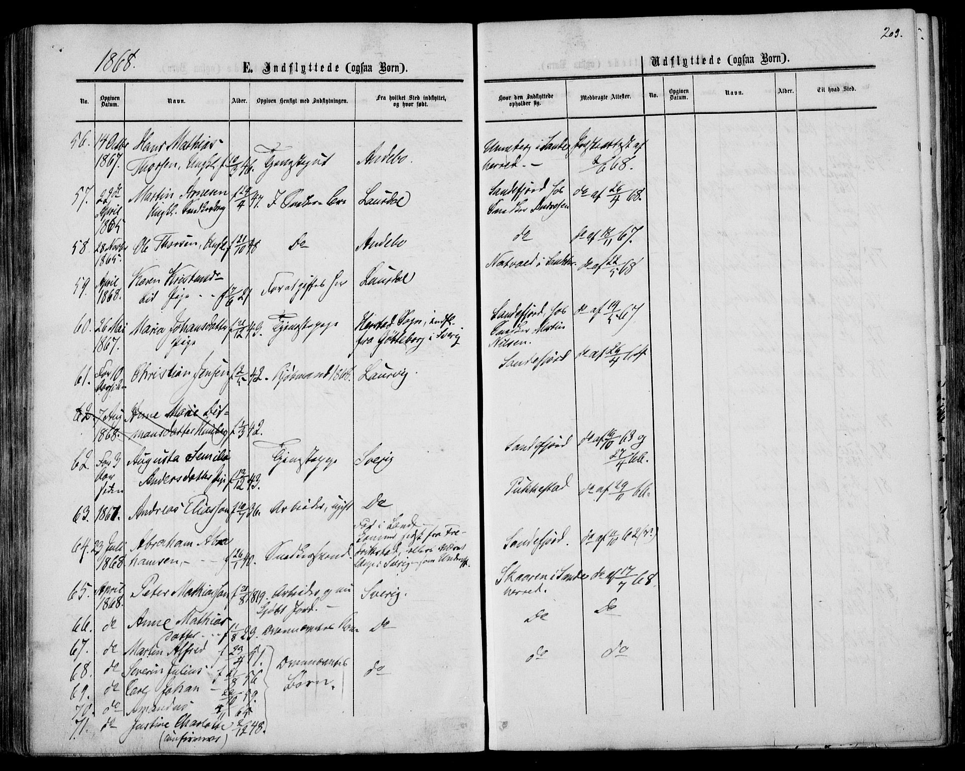 Sandar kirkebøker, AV/SAKO-A-243/F/Fa/L0009: Parish register (official) no. 9, 1862-1871, p. 203