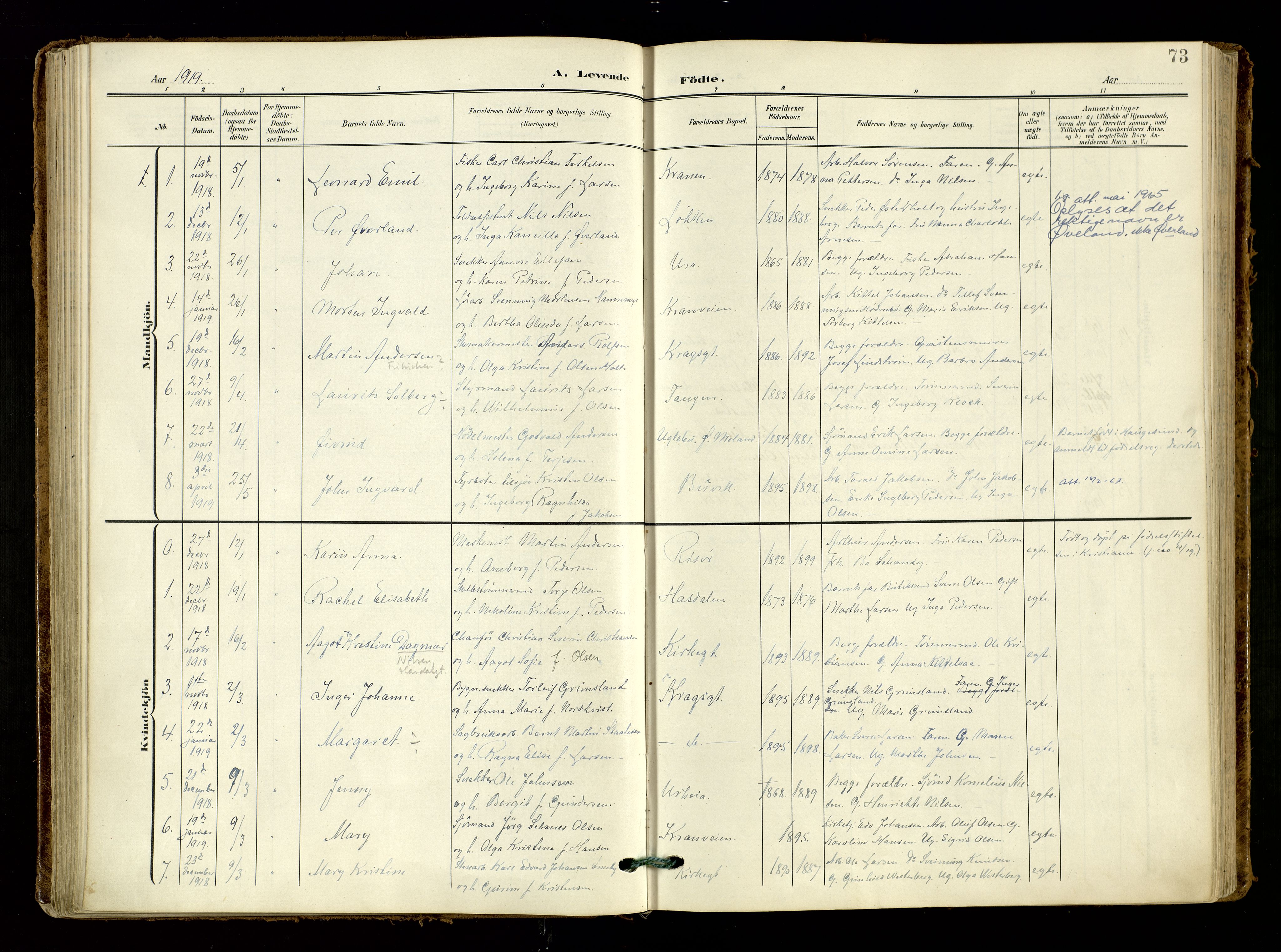 Risør sokneprestkontor, AV/SAK-1111-0035/F/Fa/L0011: Parish register (official) no. A 11, 1907-1920, p. 73
