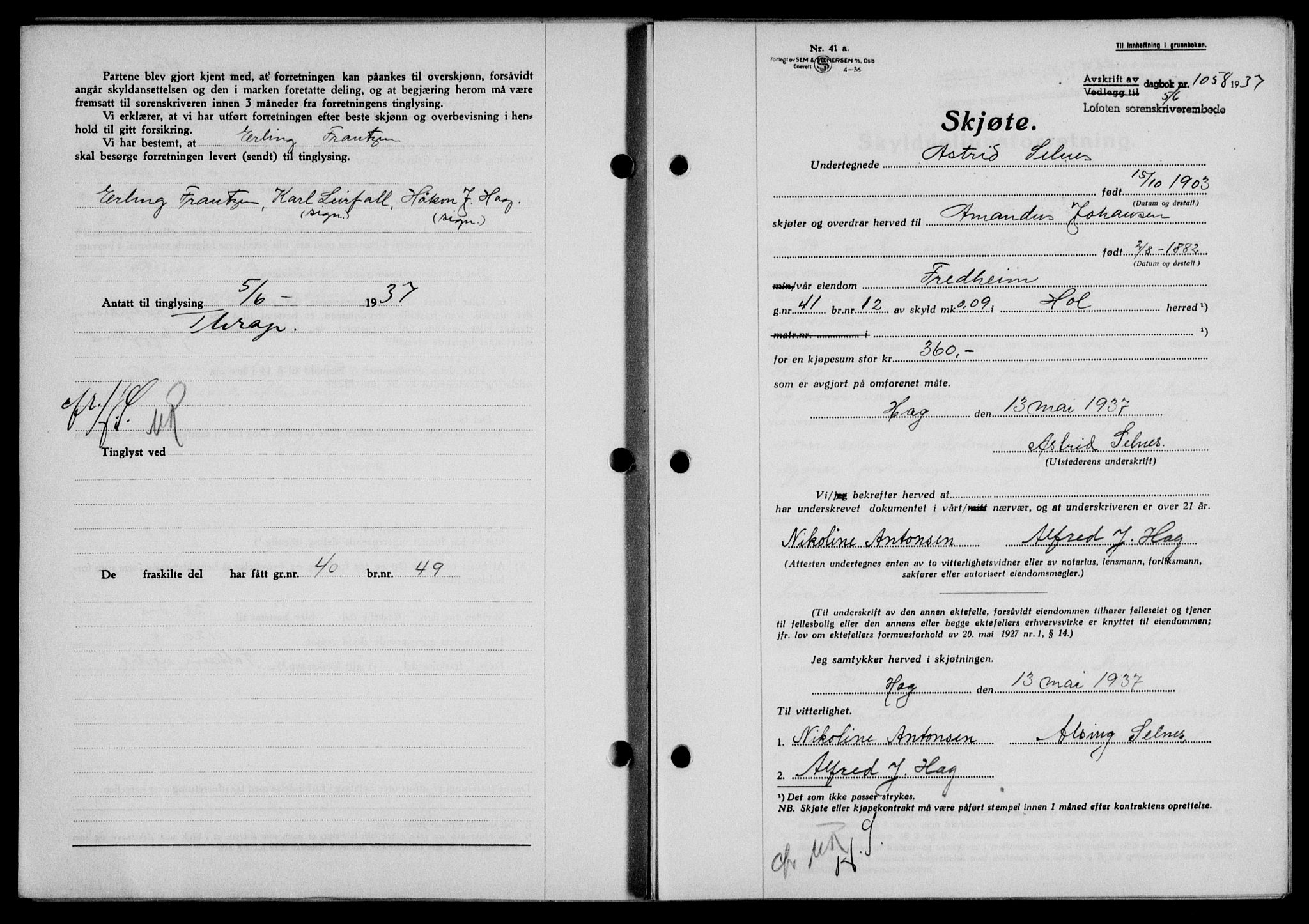 Lofoten sorenskriveri, SAT/A-0017/1/2/2C/L0002a: Mortgage book no. 2a, 1937-1937, Diary no: : 1058/1937