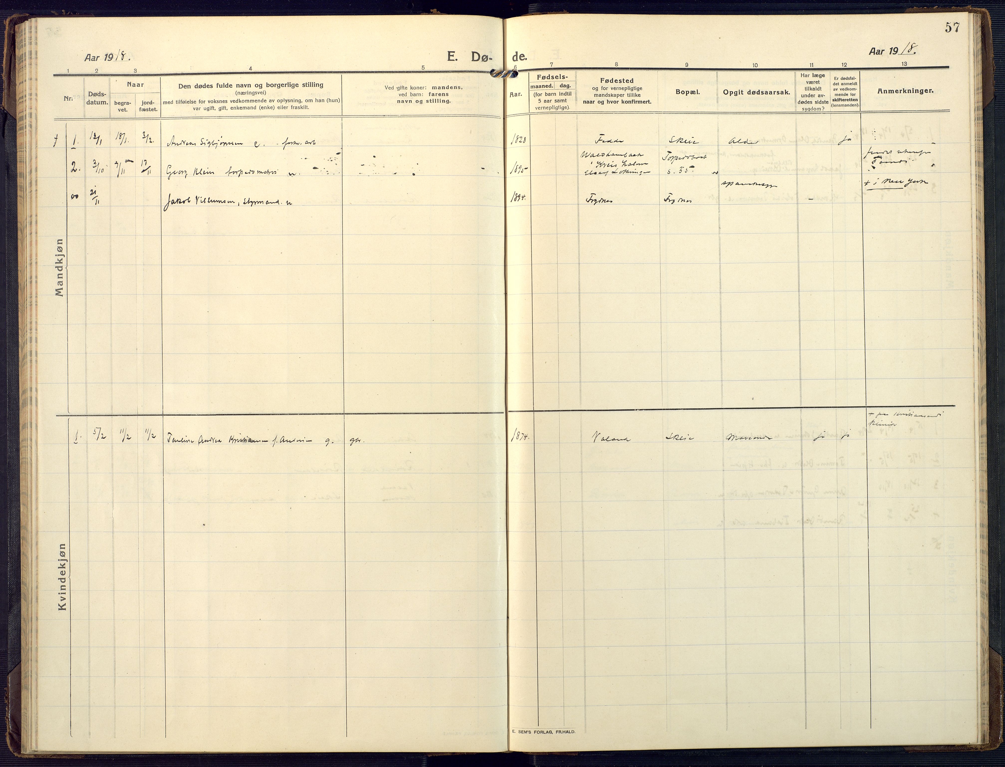 Mandal sokneprestkontor, SAK/1111-0030/F/Fa/Fab/L0003: Parish register (official) no. A 3, 1913-1933, p. 57