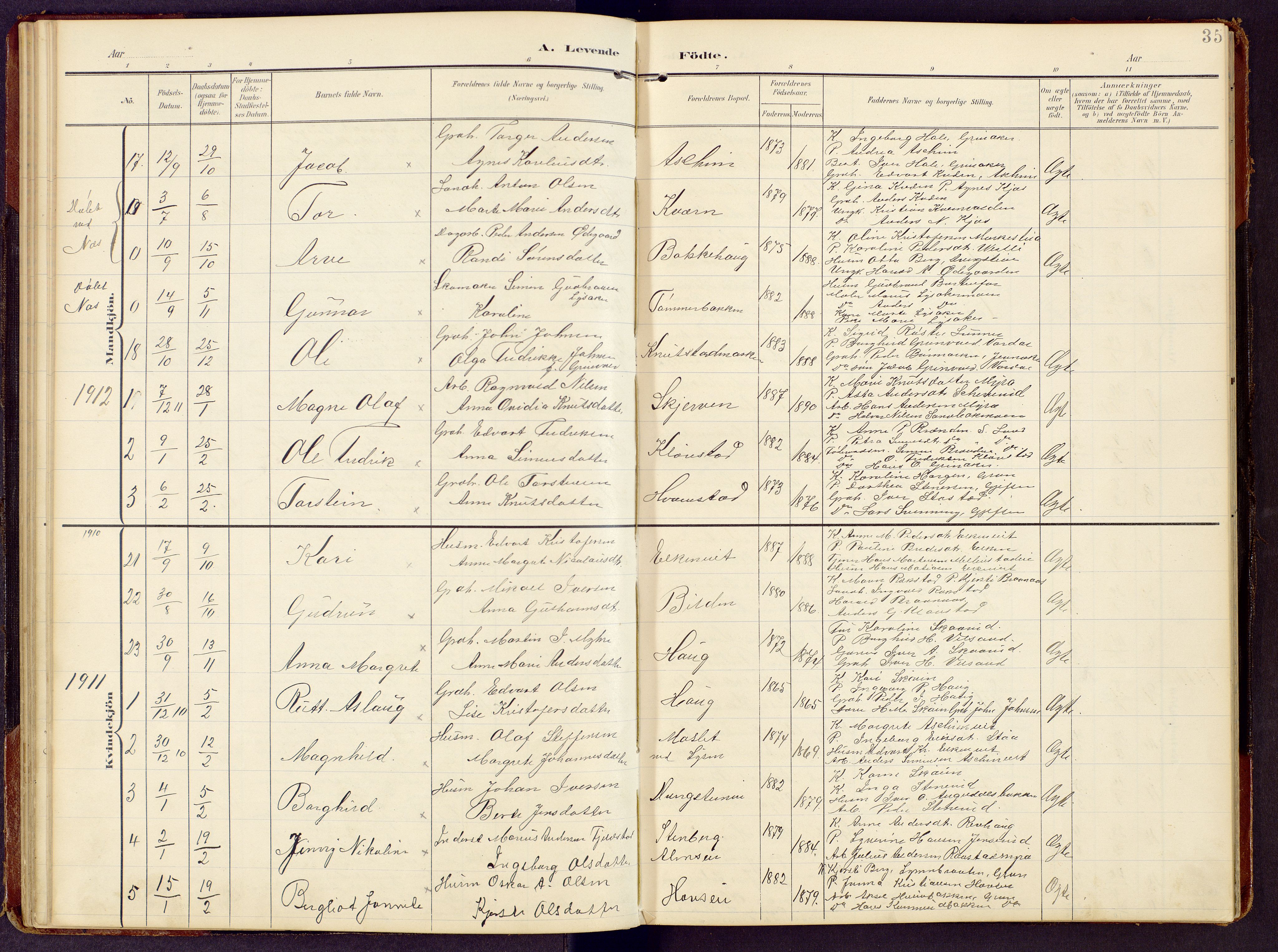 Brandbu prestekontor, SAH/PREST-114/H/Ha/Hab/L0009: Parish register (copy) no. 9, 1903-1916, p. 35