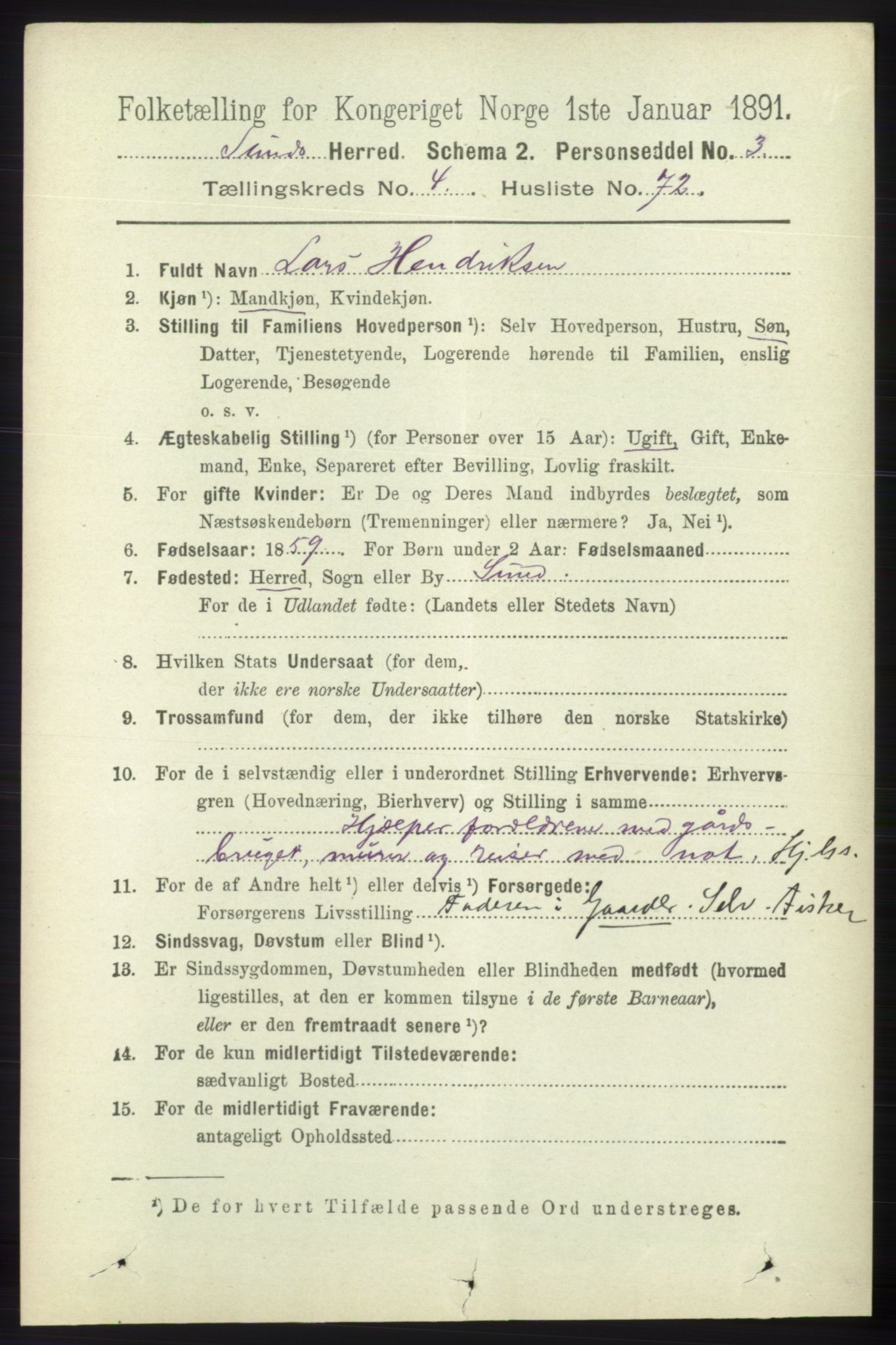 RA, 1891 census for 1245 Sund, 1891, p. 2315