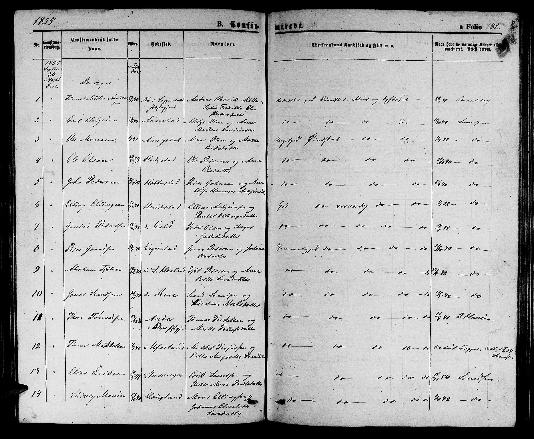 Hå sokneprestkontor, AV/SAST-A-101801/001/30BB/L0002: Parish register (copy) no. B 2, 1854-1883, p. 182